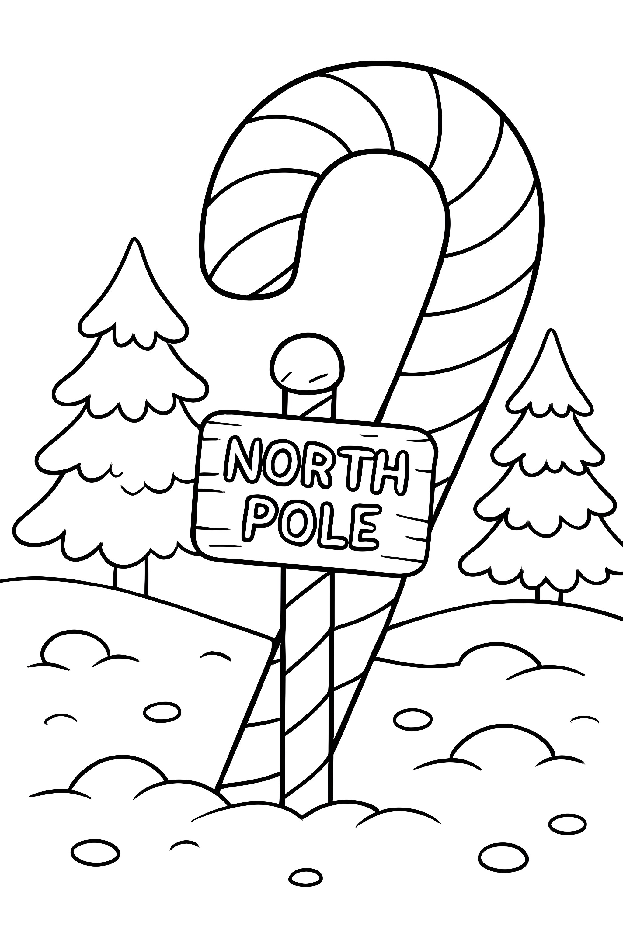 Coloring page featuring a large candy cane and a signpost labeled North Pole, surrounded by snowy ground and evergreen trees.