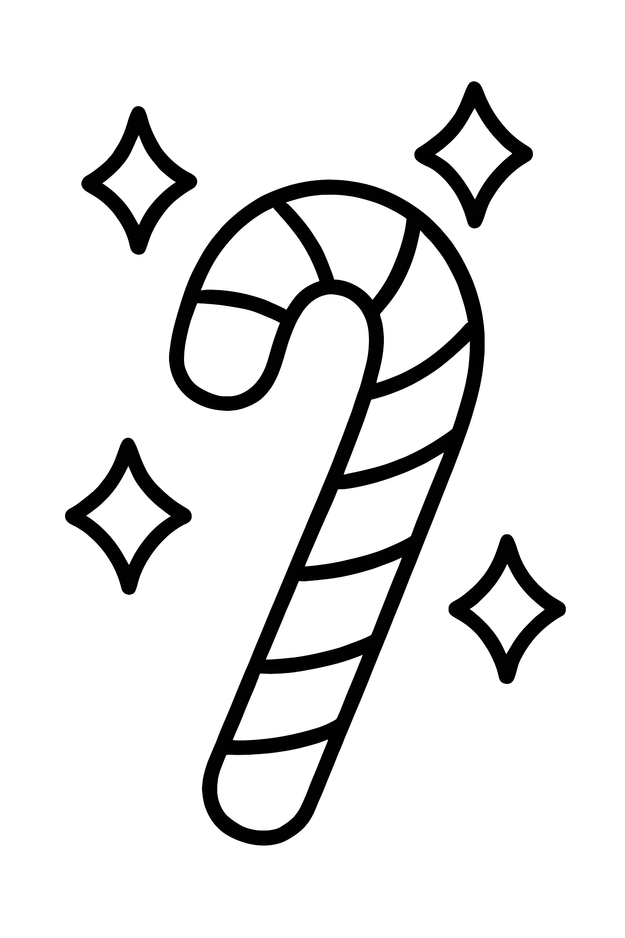 Coloring page of a candy cane with sparkling diamond shapes around it, featuring a curved shape and striped design.