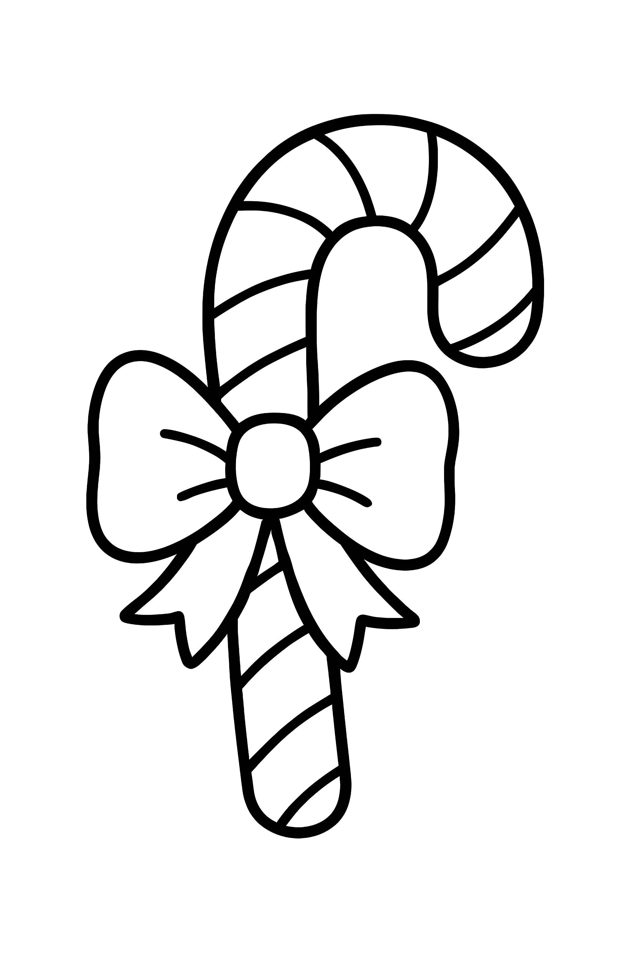 Coloring page of a candy cane tied with a bow, featuring striped design and ribbon details