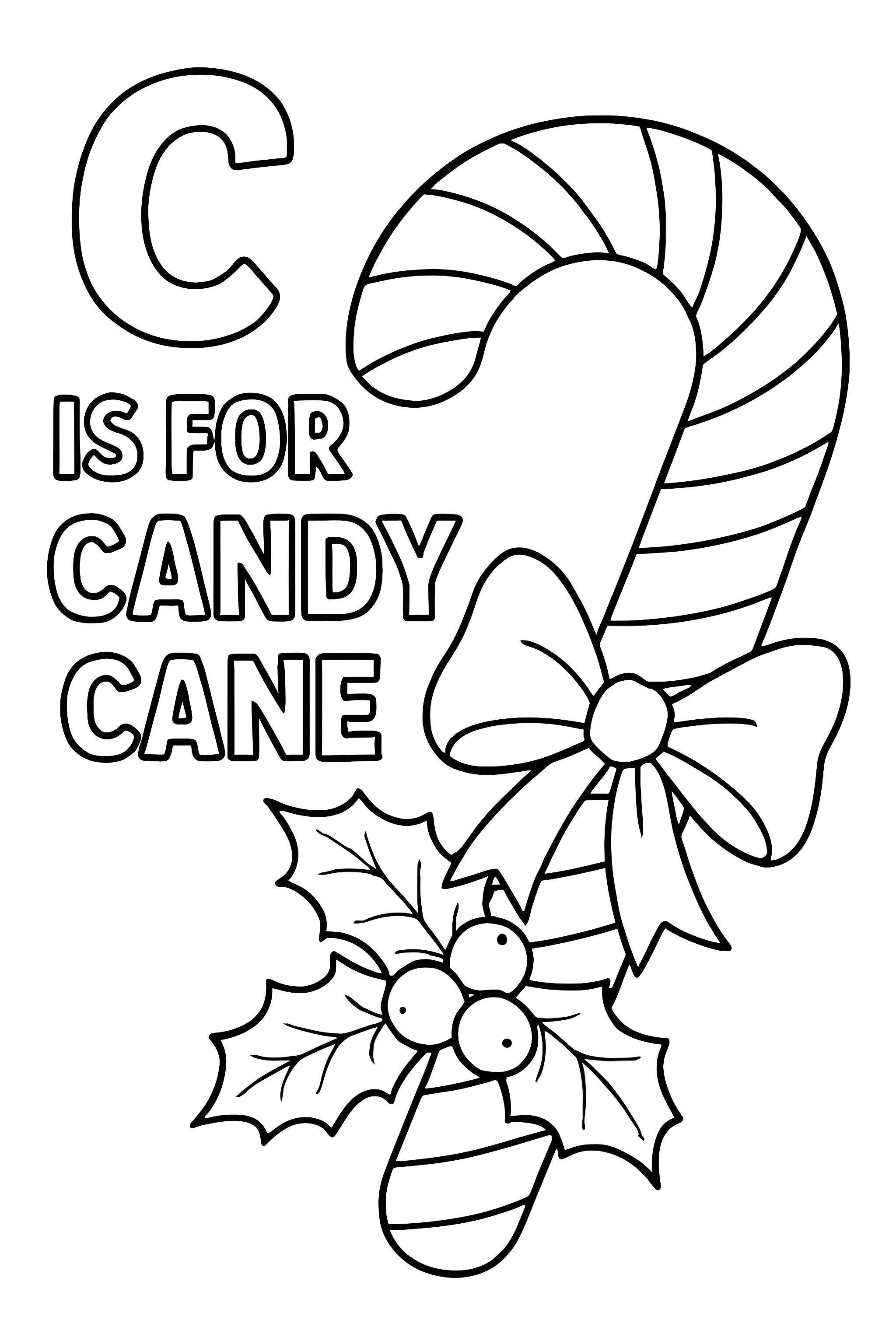 Coloring page featuring a striped candy cane adorned with a bow and holly leaves with berries