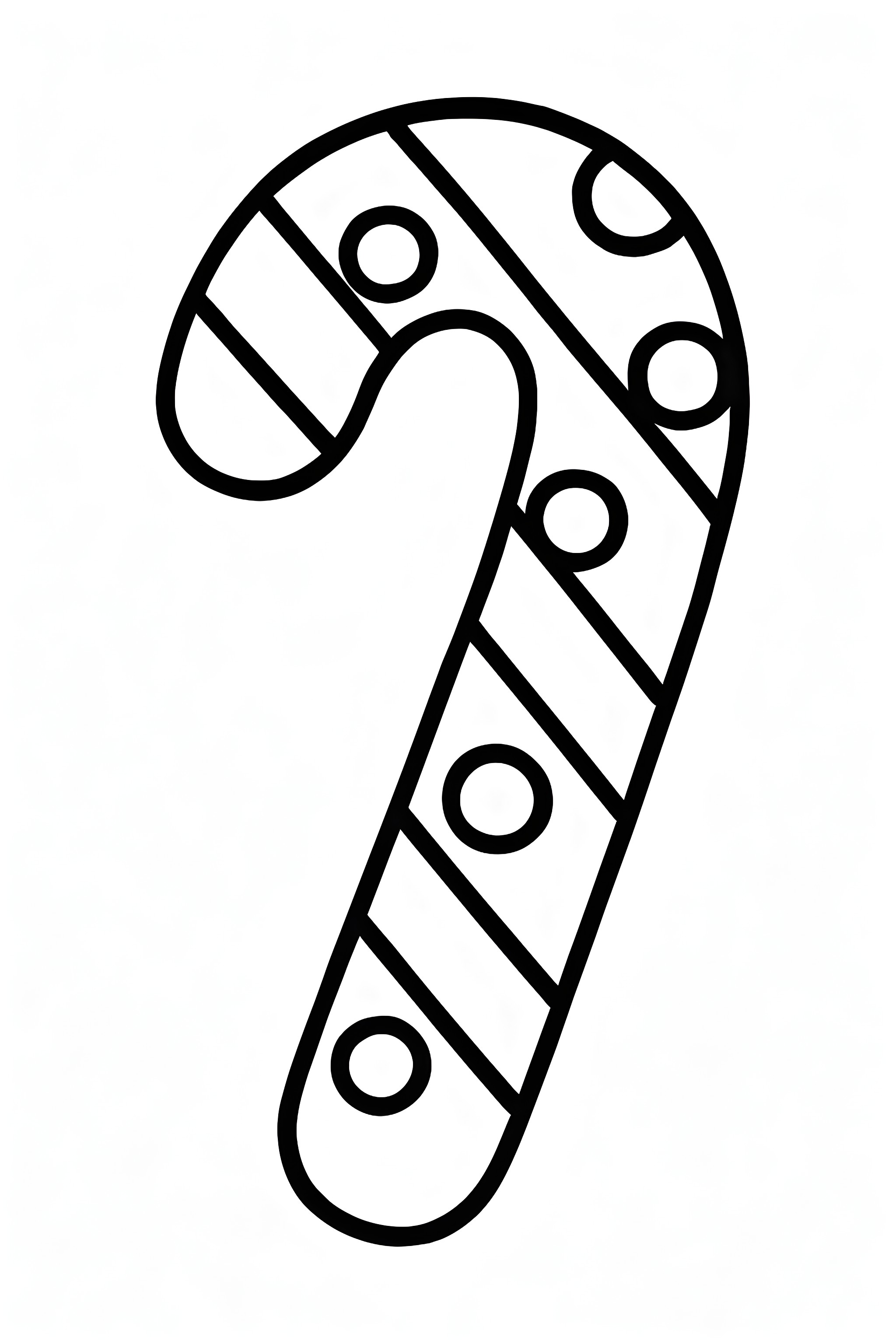 Coloring page of a candy cane featuring alternating stripes and polka dots in a distinctive pattern