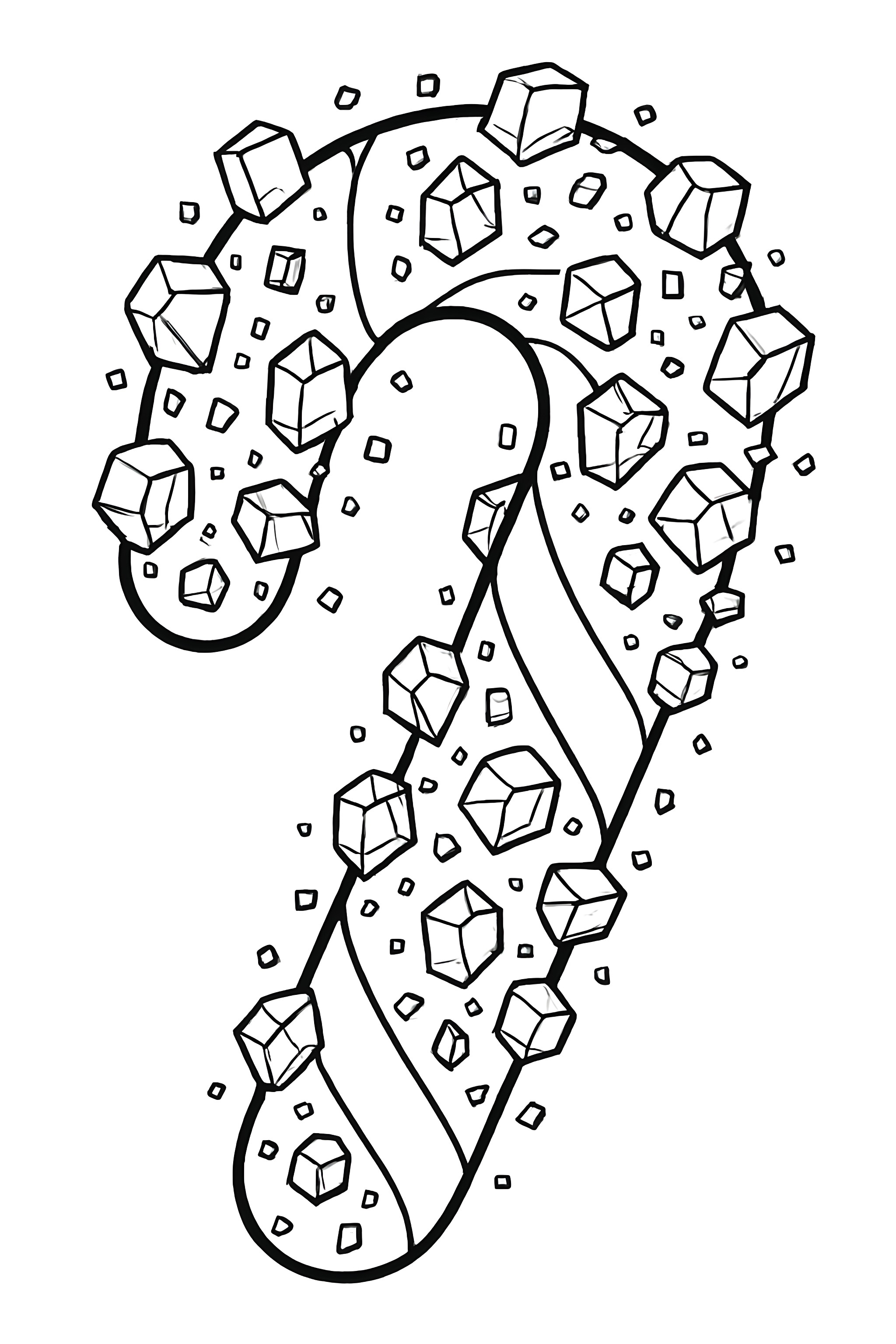 A candy cane decorated with crystallized sugar cubes and small sugar pieces