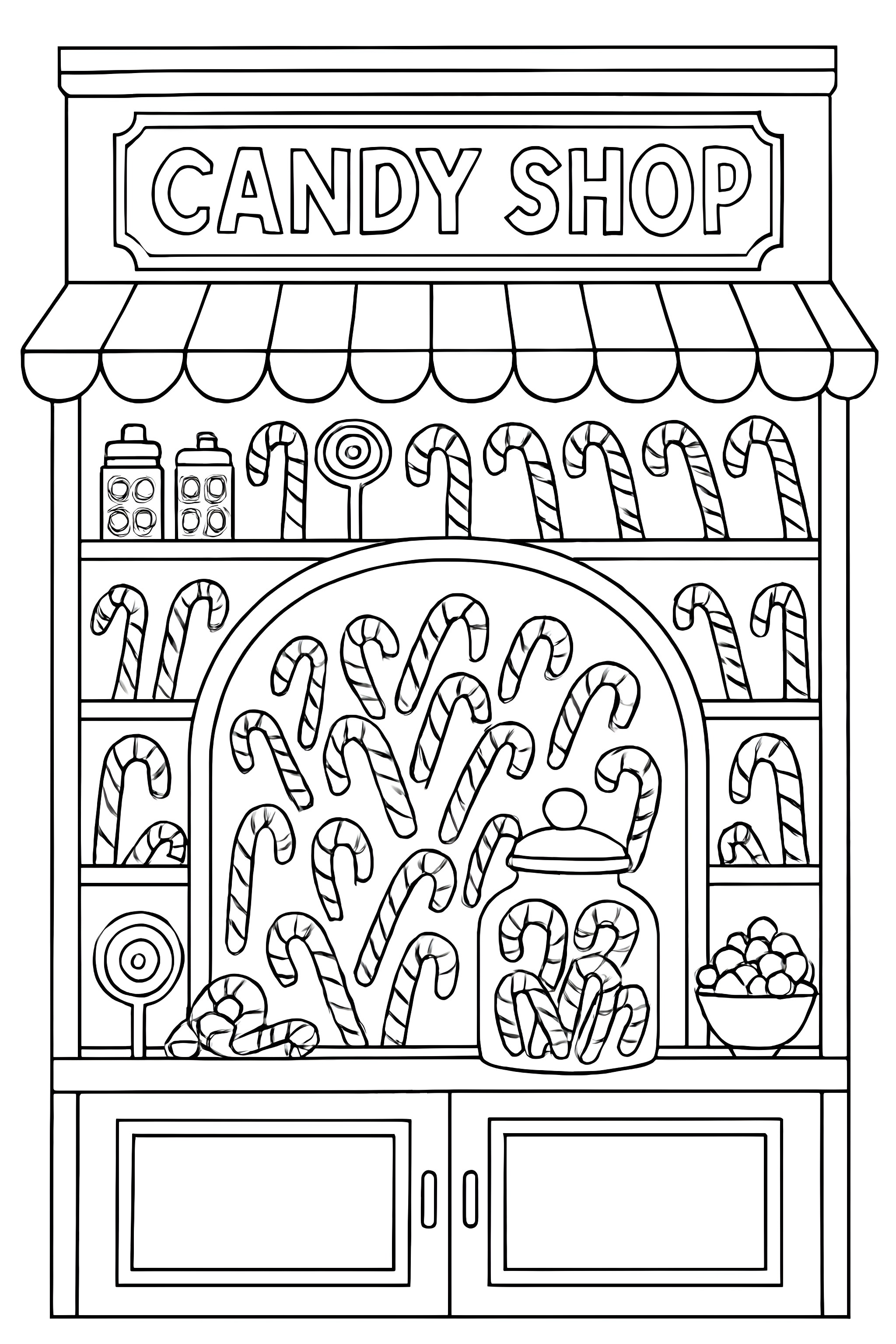 A candy shop with shelves lined with candy canes, jars, and a bowl of candies