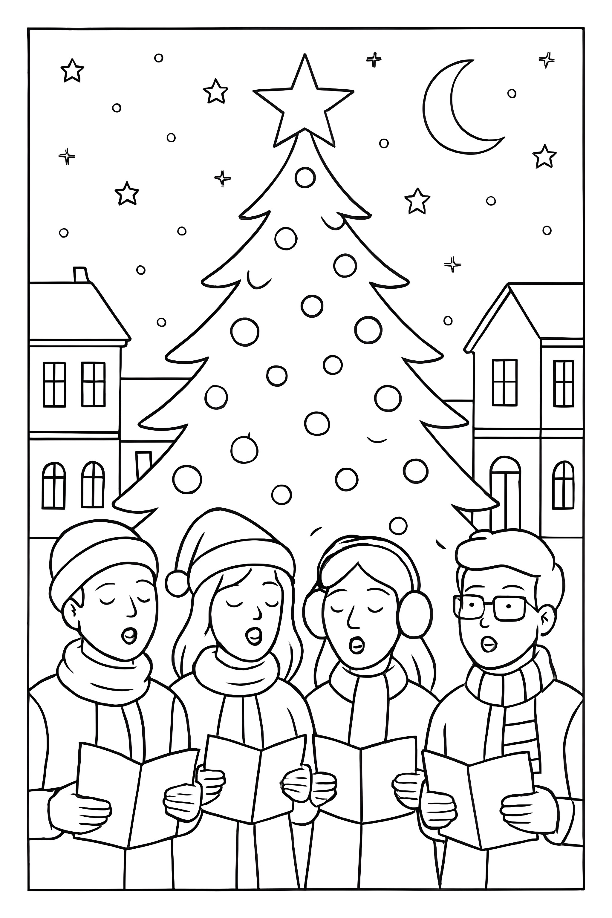 Coloring page featuring a group of carolers singing near a decorated Christmas tree under a night sky with houses and stars