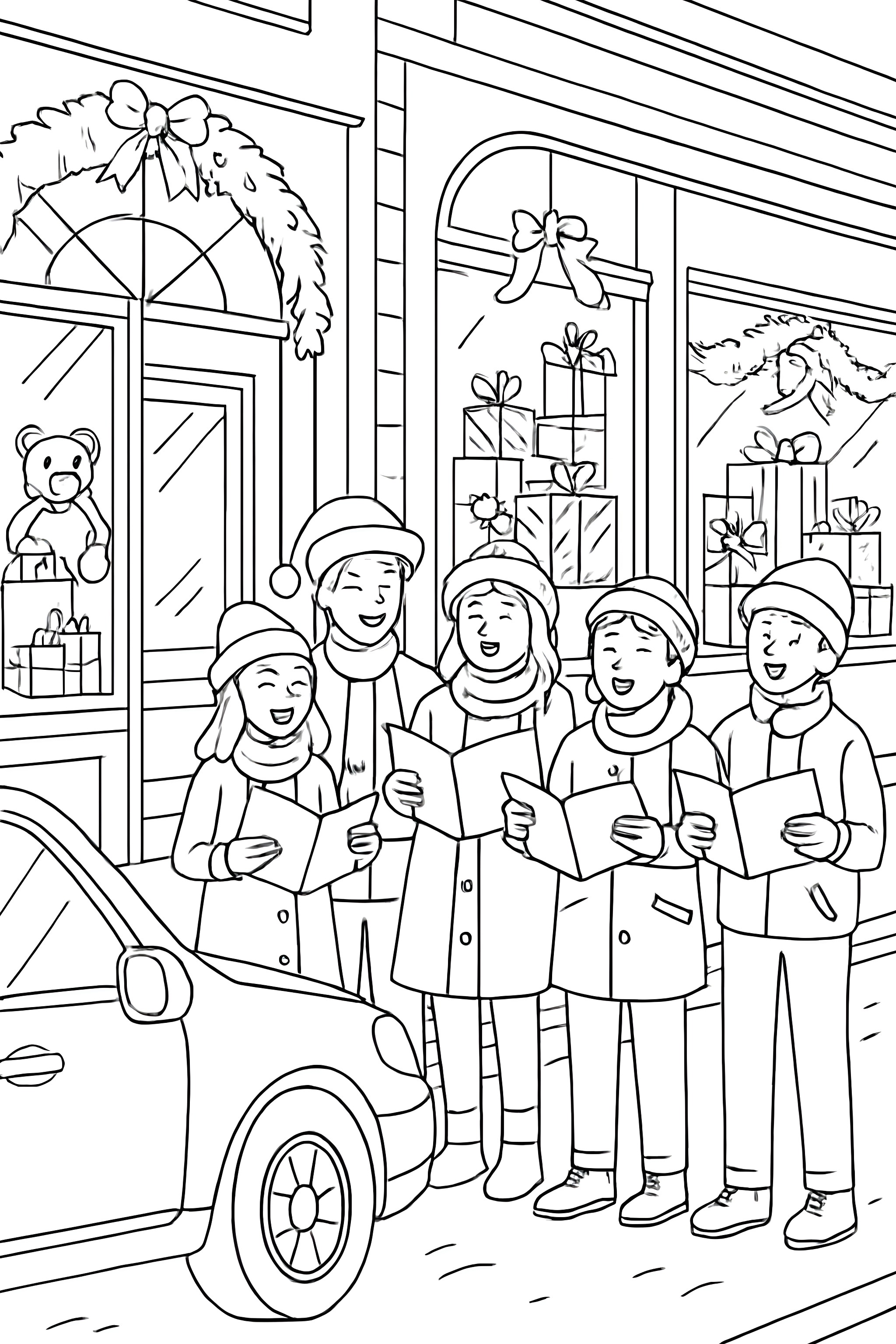 Coloring page of carolers singing in front of festive storefronts decorated with Christmas gifts and a teddy bear display