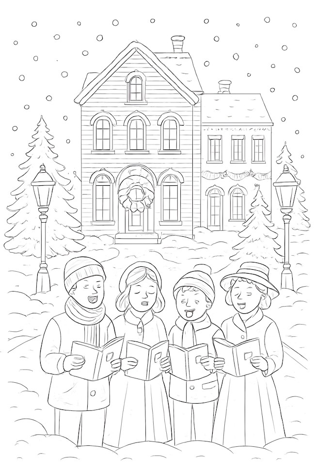 Coloring page featuring carolers singing in the snow outside a house with Christmas decorations and street lamps