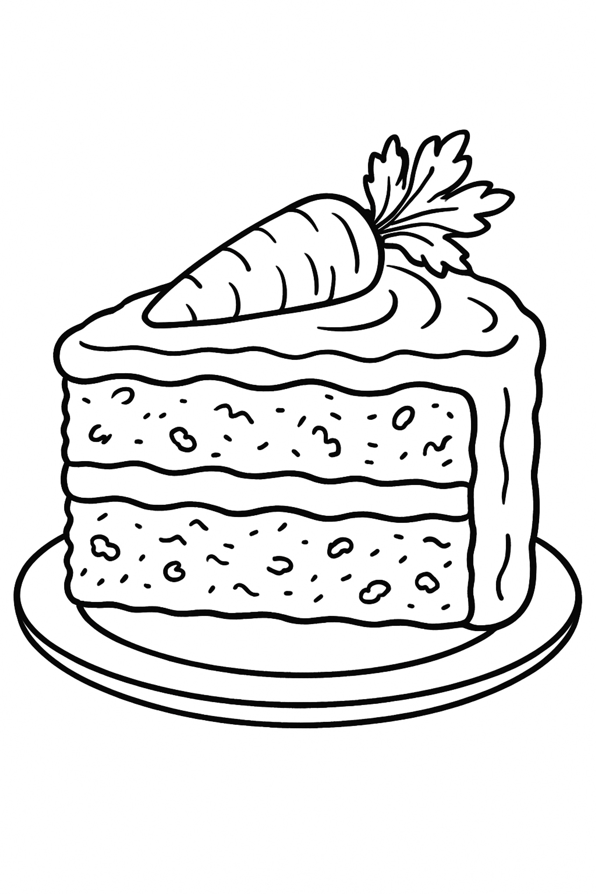 Coloring page of a two-layer carrot cake topped with cream cheese frosting and a carrot garnish on a plate
