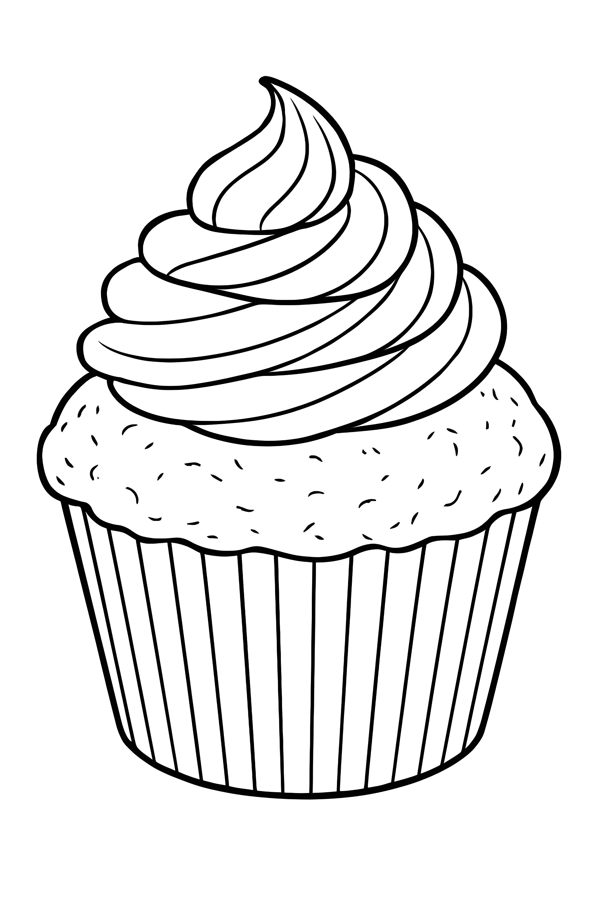 Coloring page featuring a well-risen carrot muffin topped with swirls of cream cheese icing and decorative frosting