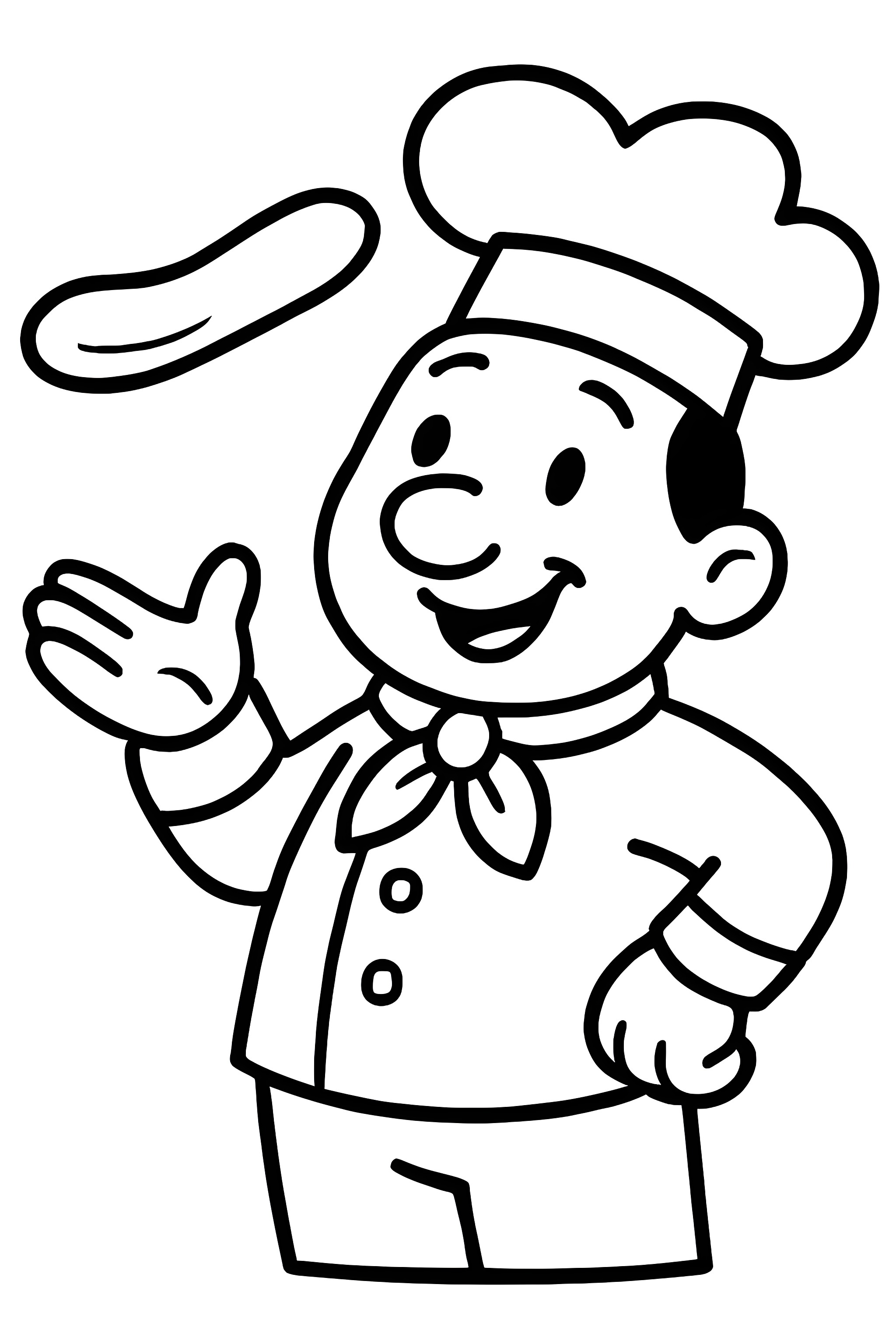 A cartoon chef skillfully tossing a pie crust in the air while smiling and wearing a traditional chef's hat and uniform.