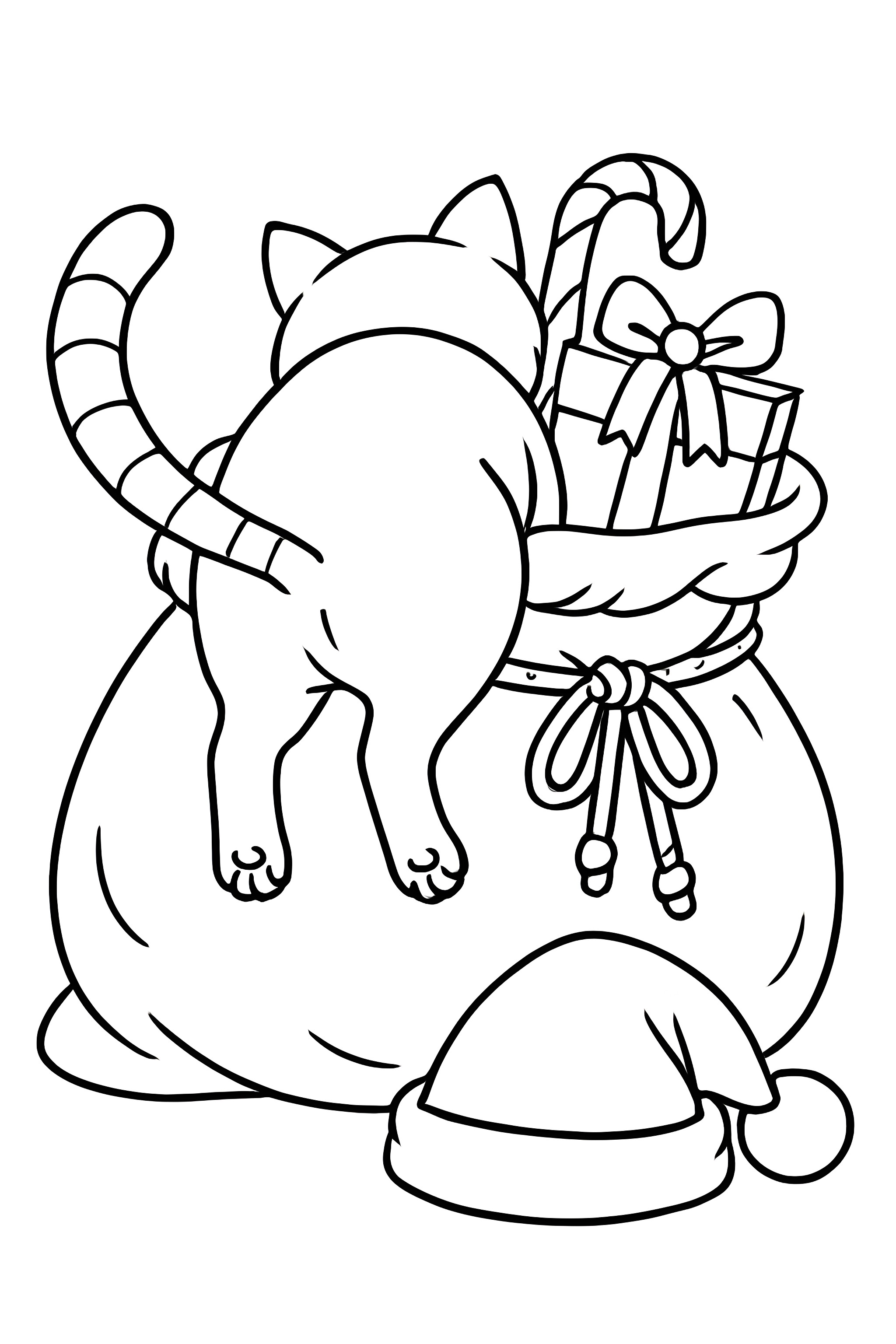 Coloring page featuring a cat's rear as it climbs into a sack filled with gifts and a Santa hat nearby
