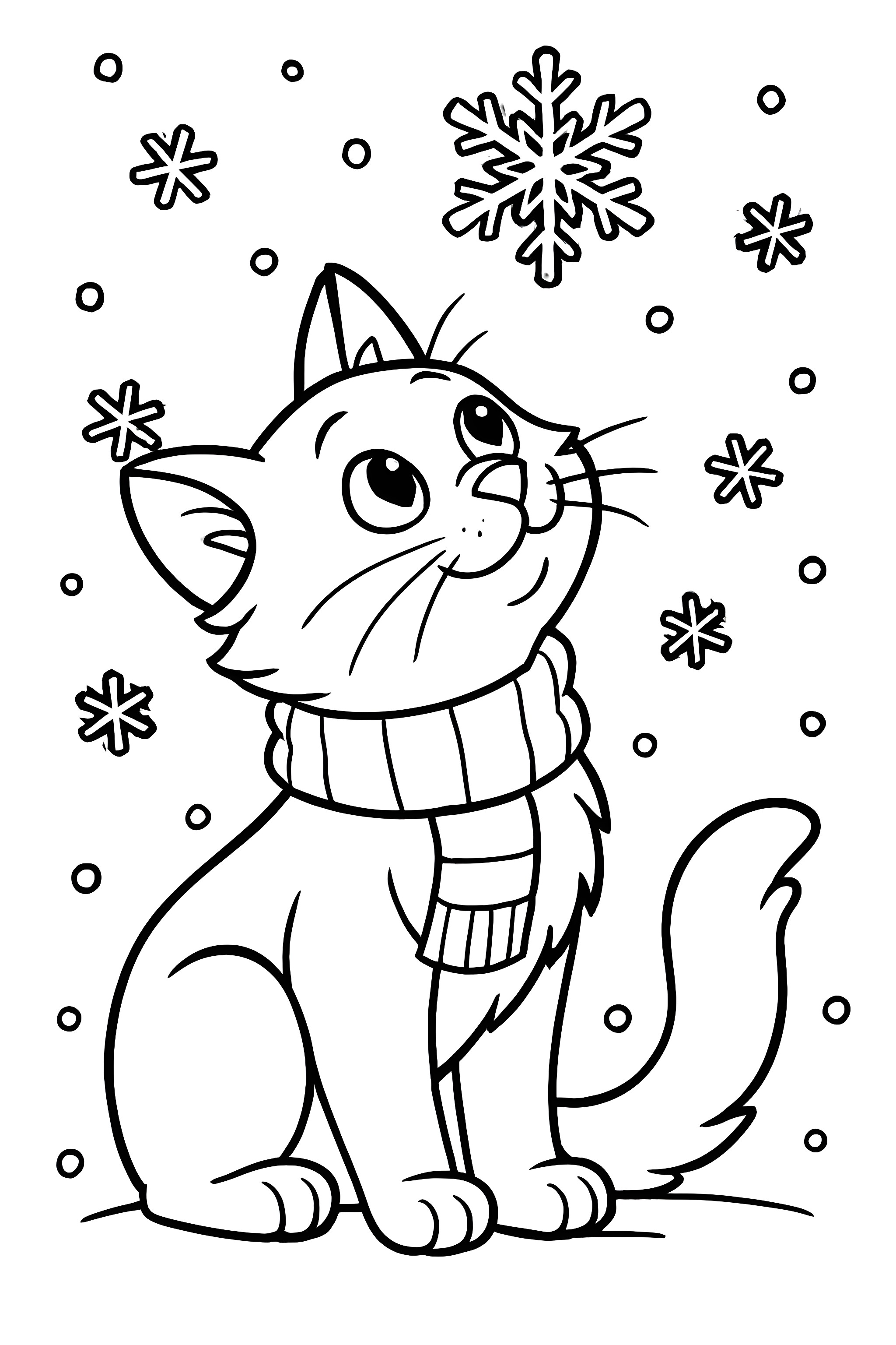 Coloring page of a cat wearing a striped scarf, sitting and gazing at a snowflake amidst falling snowflakes