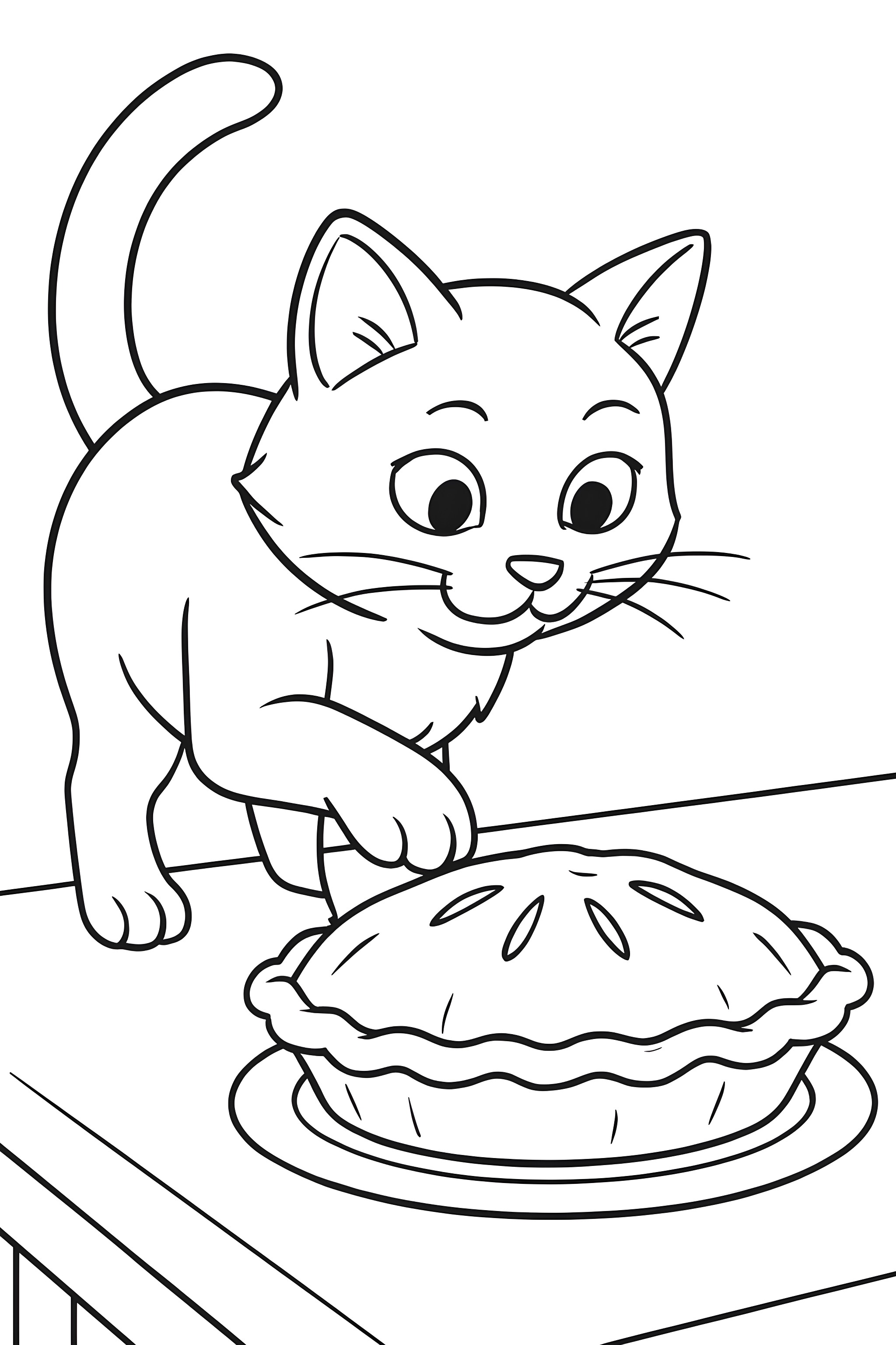 Coloring page featuring a cat playfully pawing a pie on a table, with detailed expressions and features on both the cat and pie.