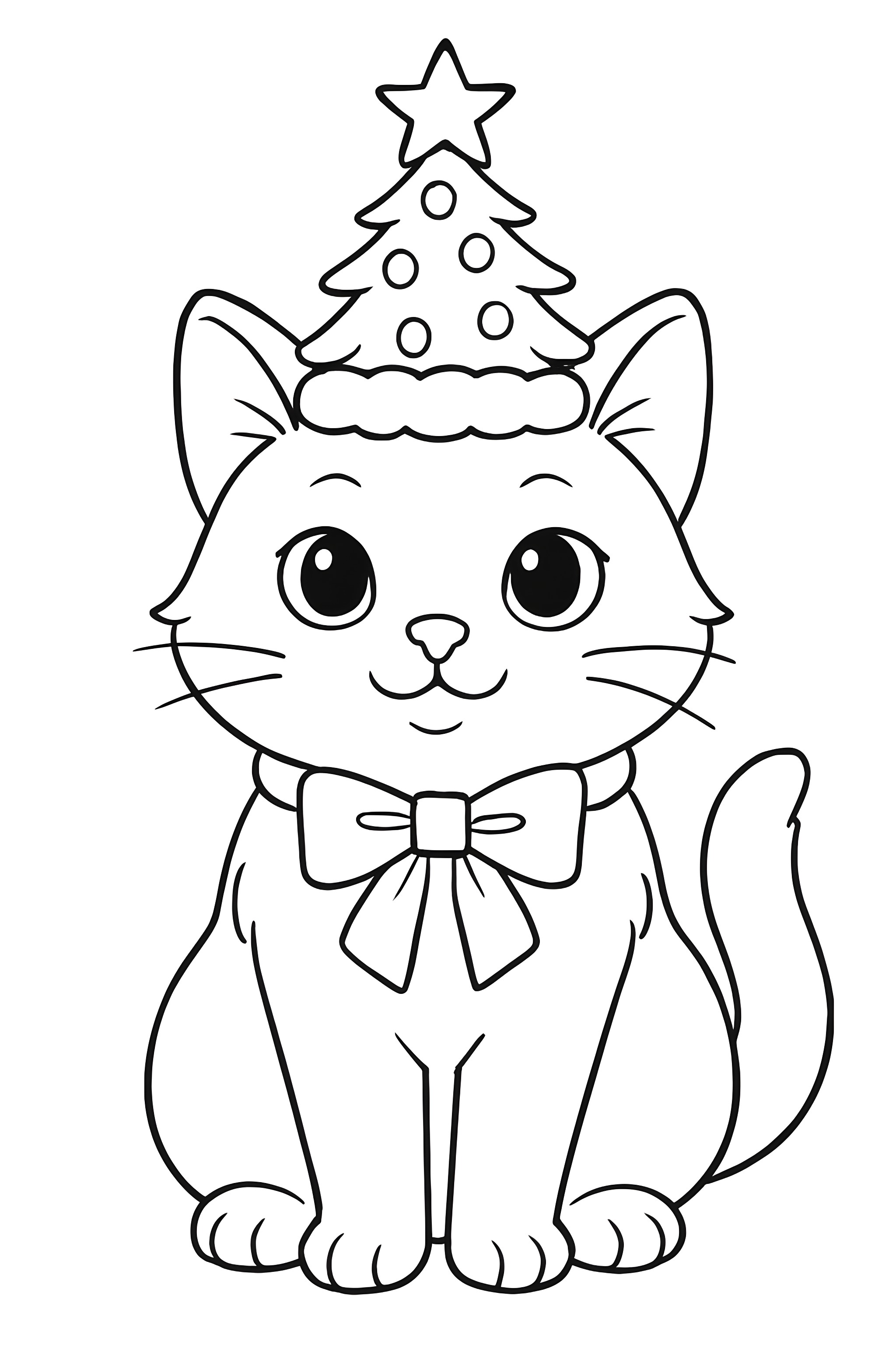 Coloring page of a cat with large eyes donning a small Christmas tree hat and a festive bow tie.