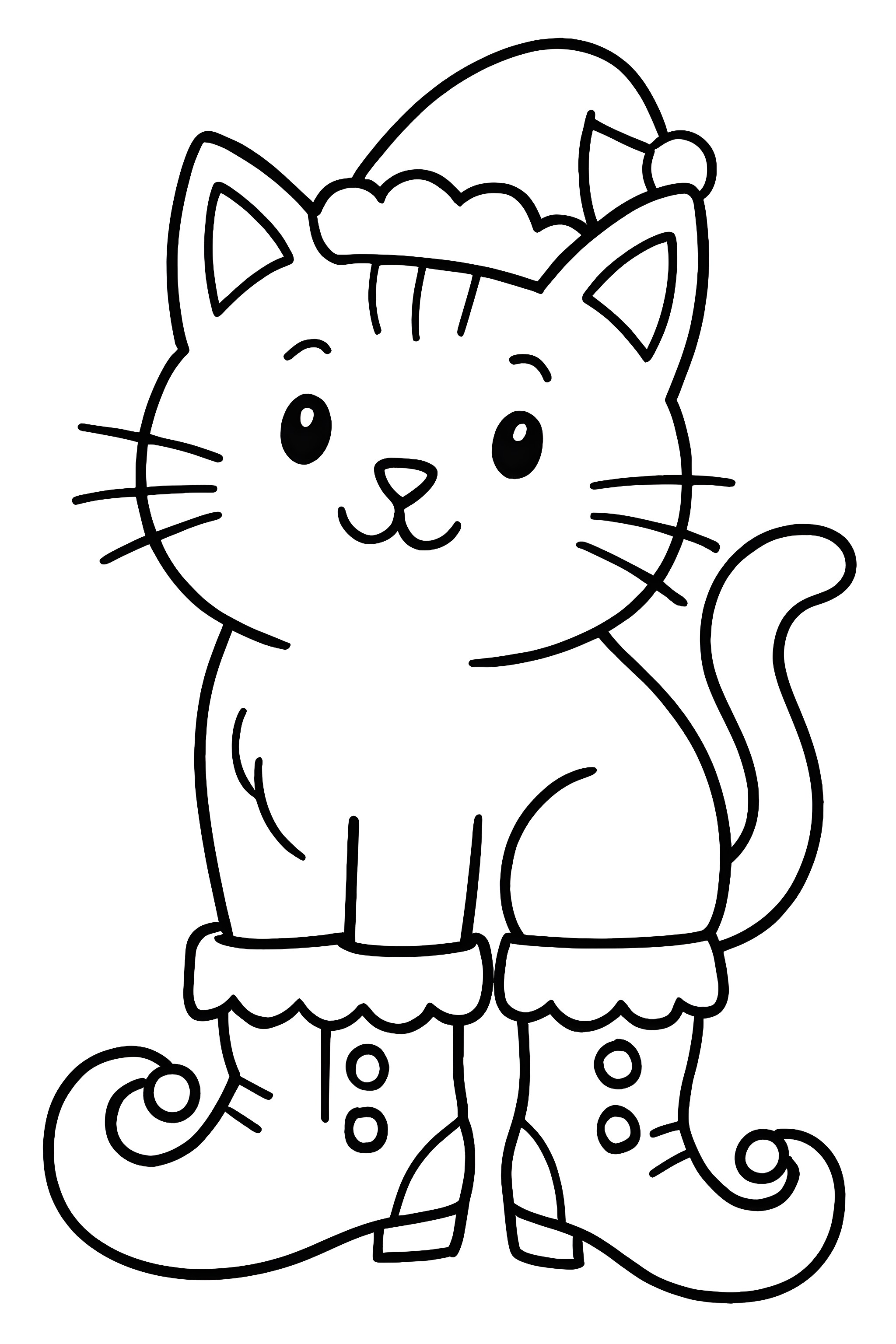 Coloring page of a cat adorned with oversized Christmas elf boots and a festive hat