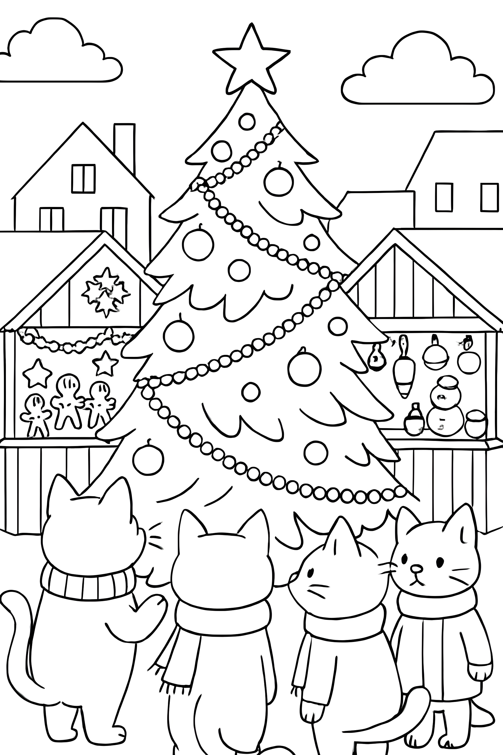Three cats with scarves admiring a large Christmas tree and festive market stalls adorned with decorations