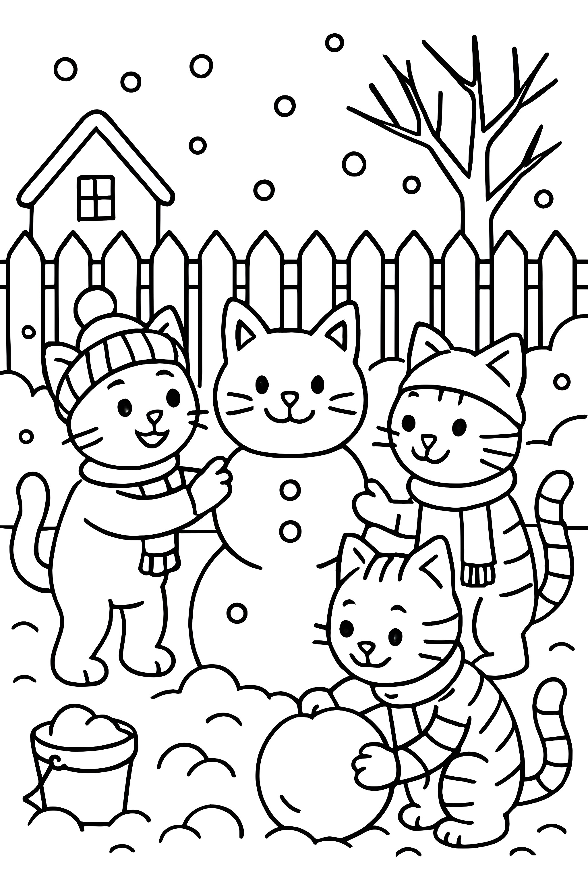 Coloring page of three cats creating a snowcat in a snowy backyard with a tree and a small house in the background