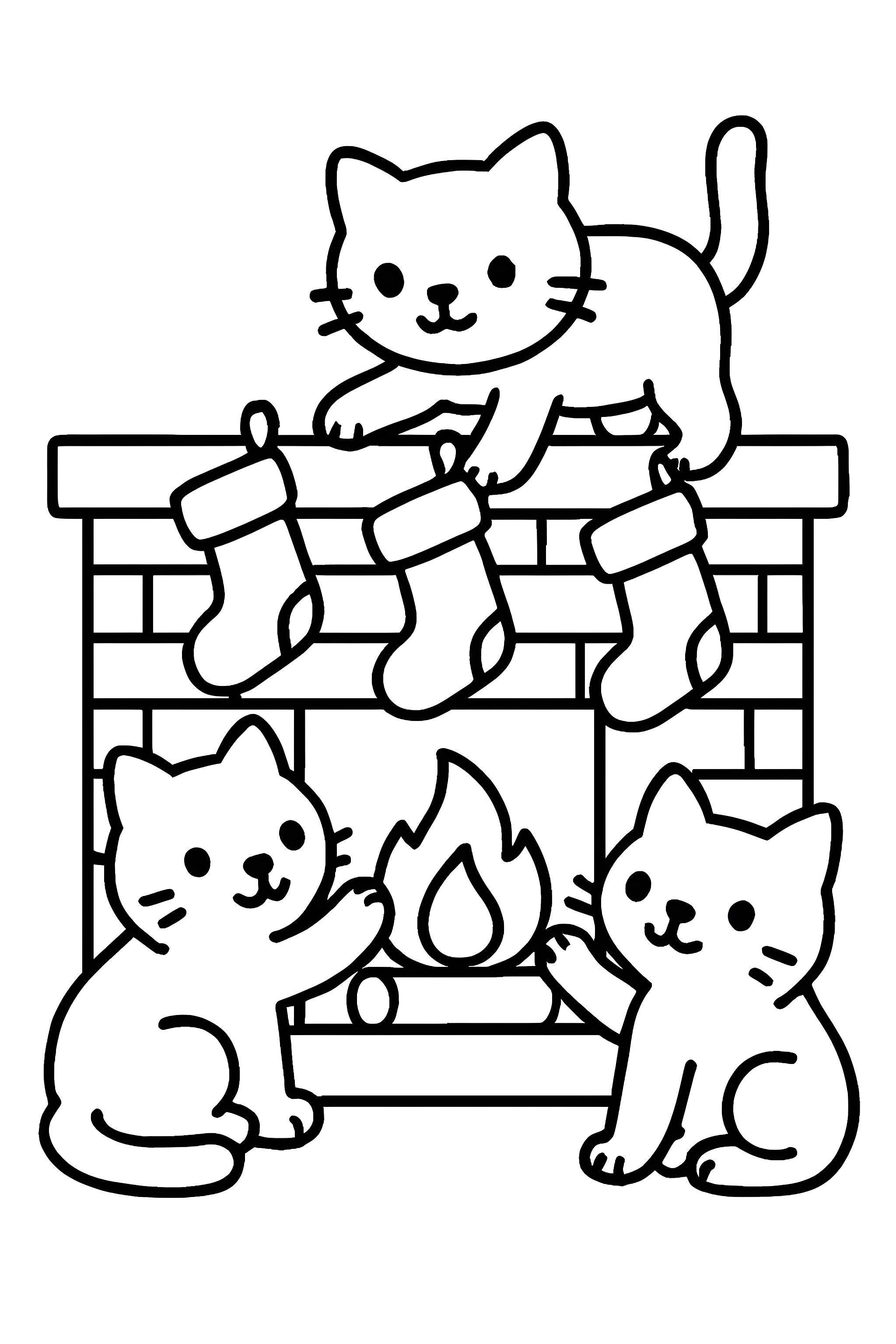 Coloring page featuring three cats around a fireplace hanging Christmas stockings