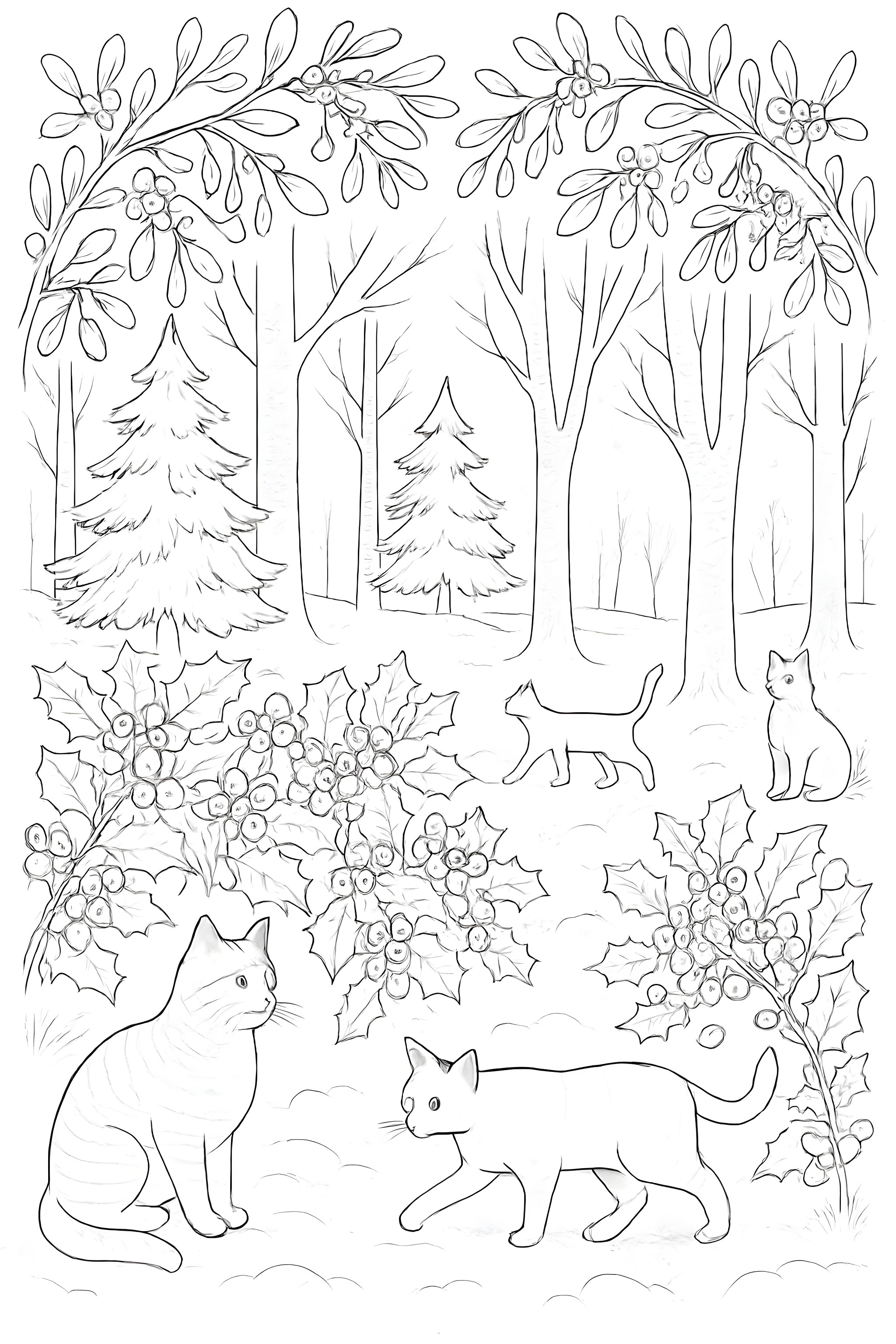 Cats exploring a snowy forest with holly bushes and archways of mistletoe