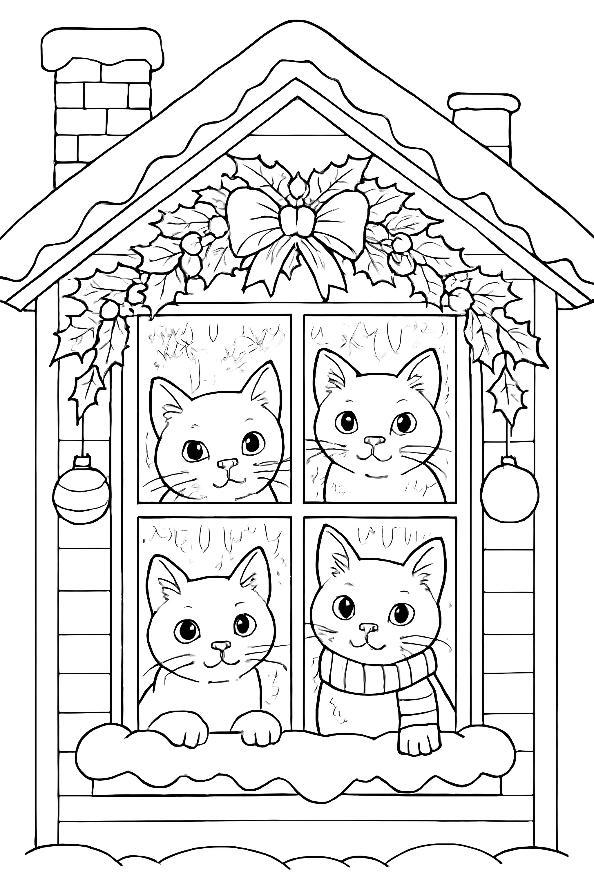 Four cats peeking through a frosted cottage window decorated for Christmas