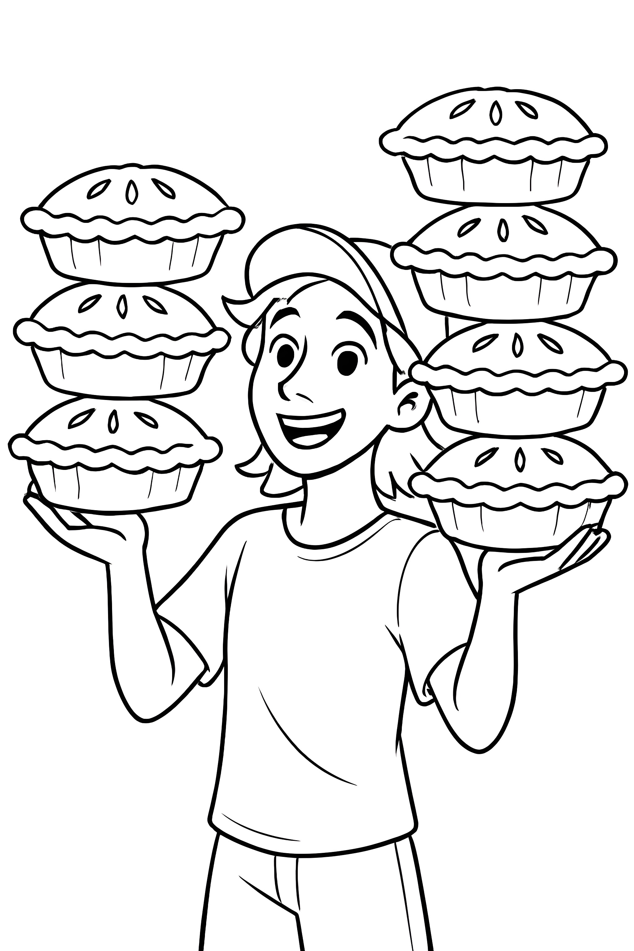 Coloring page of a character balancing six pies on their arms with a smile, wearing a short-sleeve shirt and a cap