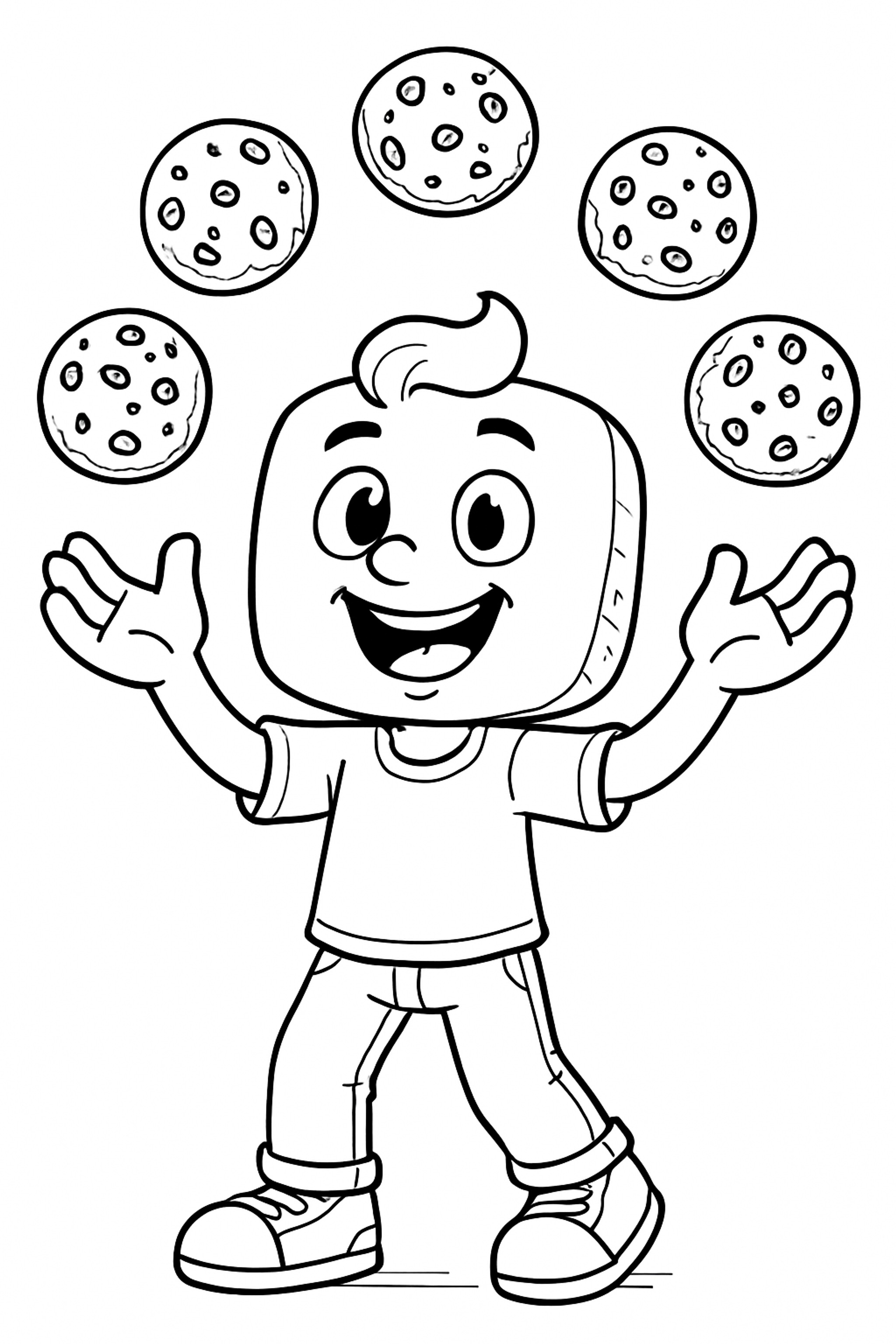 Coloring page featuring a character juggling five cookies above their head with a cheerful expression
