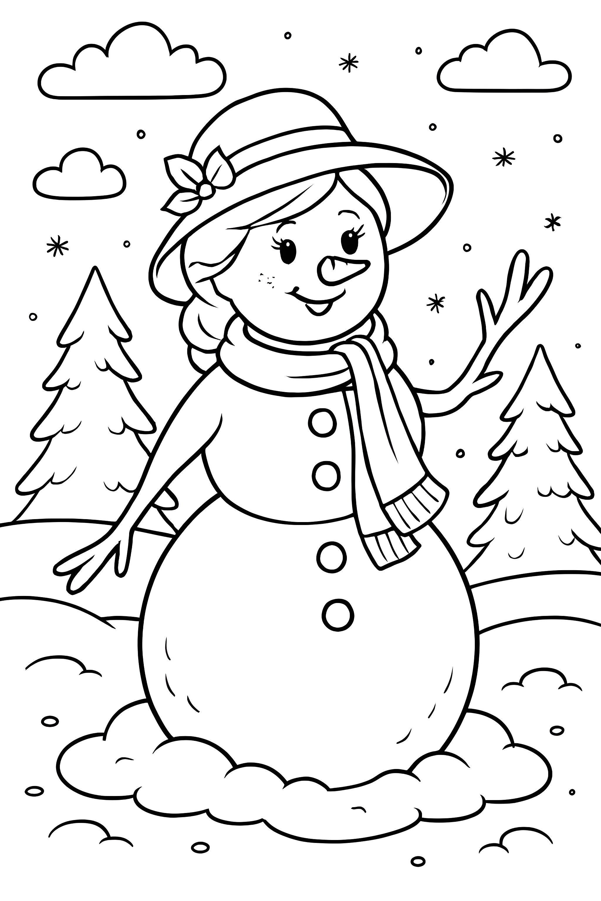 Coloring page of a snow lady wearing a hat and scarf, standing in a snowy landscape with pine trees and snowflakes