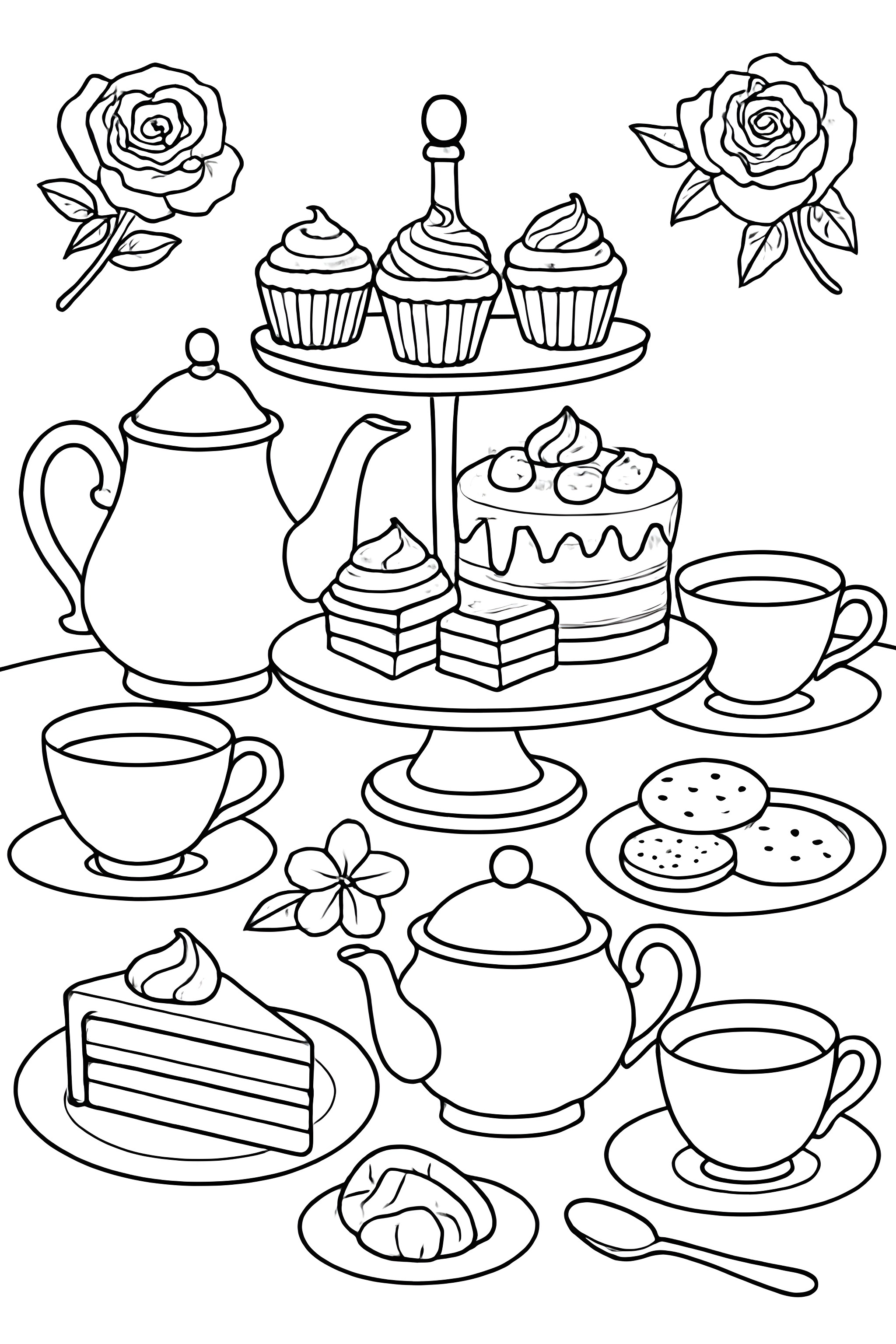 Coloring page featuring a tea party scene with cakes, teacups, and floral decorations