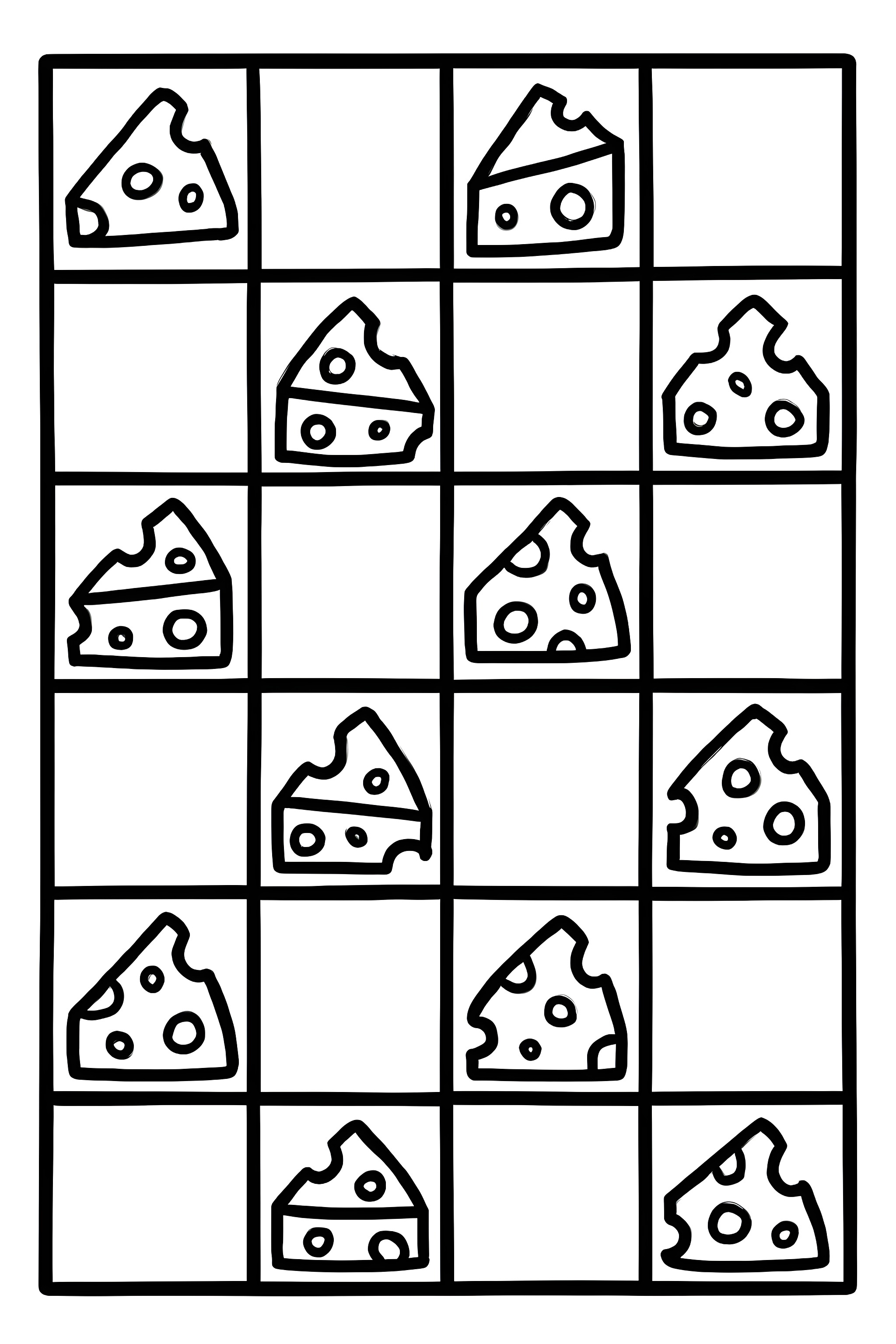 Coloring page featuring a checkerboard pattern with various cheese shapes, including triangular and square pieces with holes.