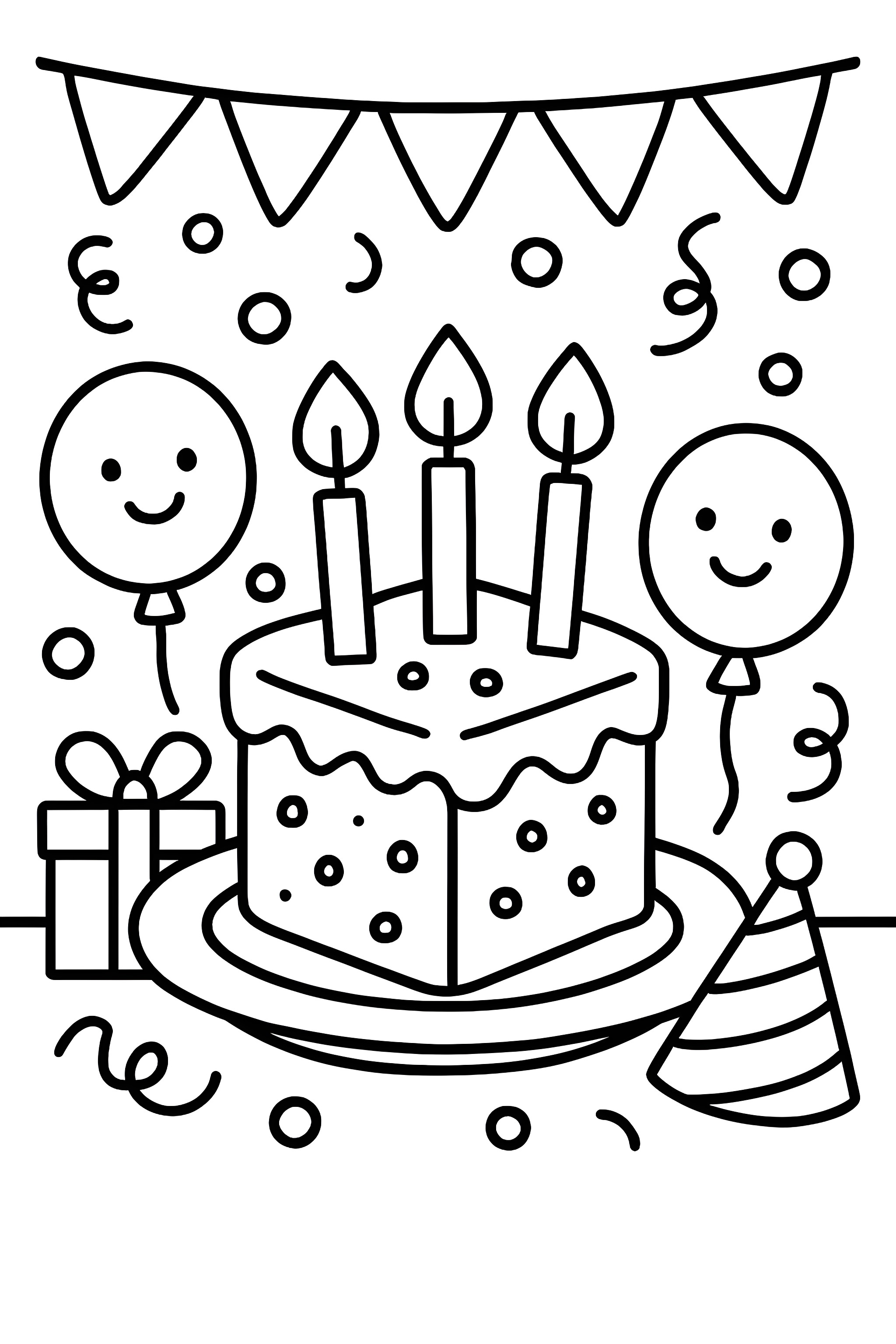 Coloring page of a birthday cake with candles, balloons, smiling faces, and festive decorations