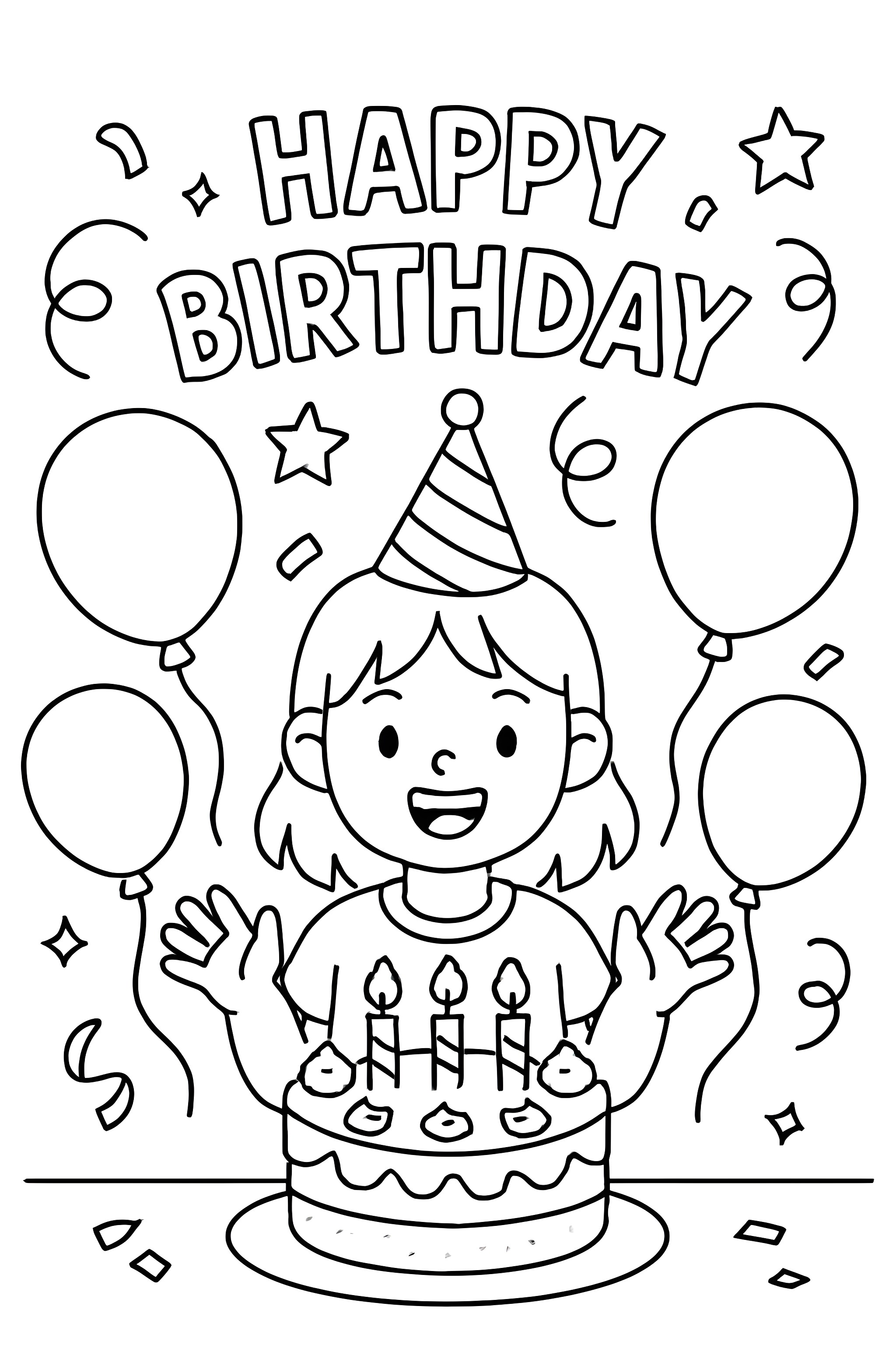 Coloring page featuring a smiling child in a birthday hat with a cake, balloons, and 'Happy Birthday' text