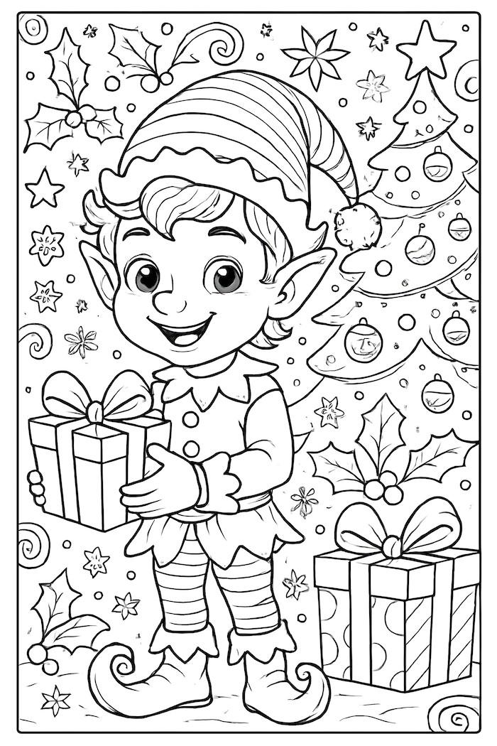 Coloring page of a cheerful Christmas elf holding two gift boxes in front of a decorated Christmas tree and festive holly leaves and stars