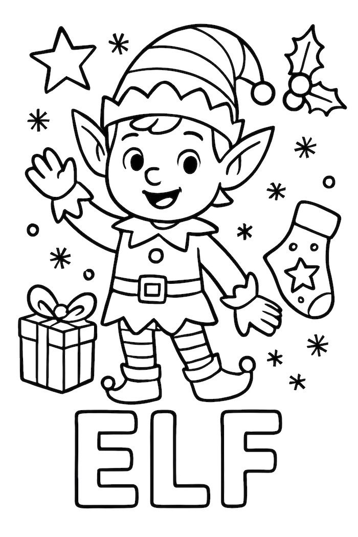 Coloring page of a cheerful elf waving with gifts, a star, holly leaves, and the word 'ELF'