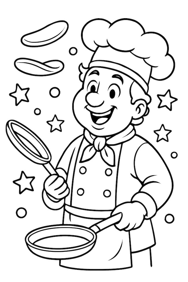 Coloring page of a cheerful cook flipping pancakes with a chef hat and stars in the background