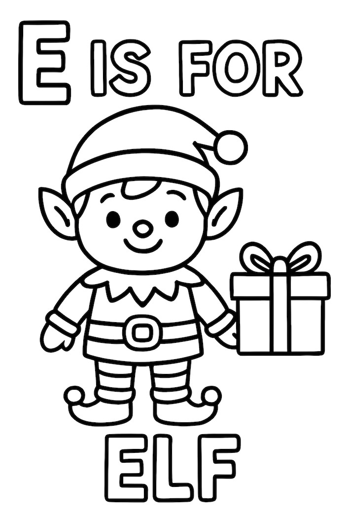 Elf character with pointed ears wearing a hat and holding a gift box, with stylized text 'E is for Elf' above