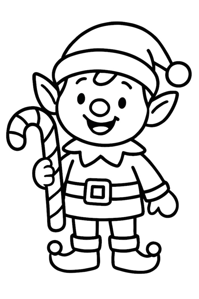 Elf wearing a hat and belt, smiling while holding a striped candy cane in one hand