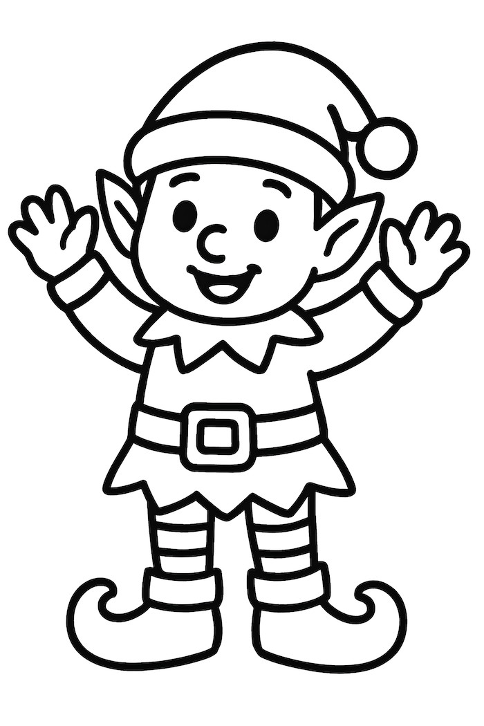 Coloring page of a cheerful elf waving with both hands, wearing a pointed hat and striped outfit
