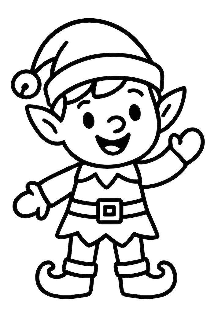 Coloring page of a cheerful elf wearing a bell hat and waving with a friendly expression