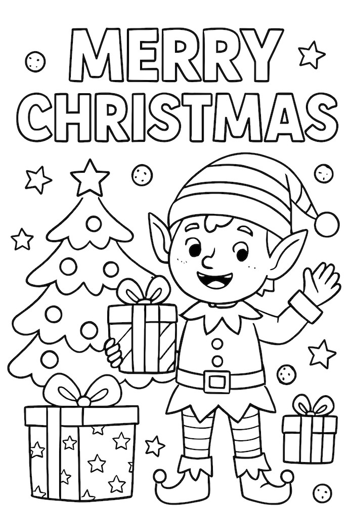 Coloring page of a cheerful elf holding a gift next to a decorated Christmas tree and presents