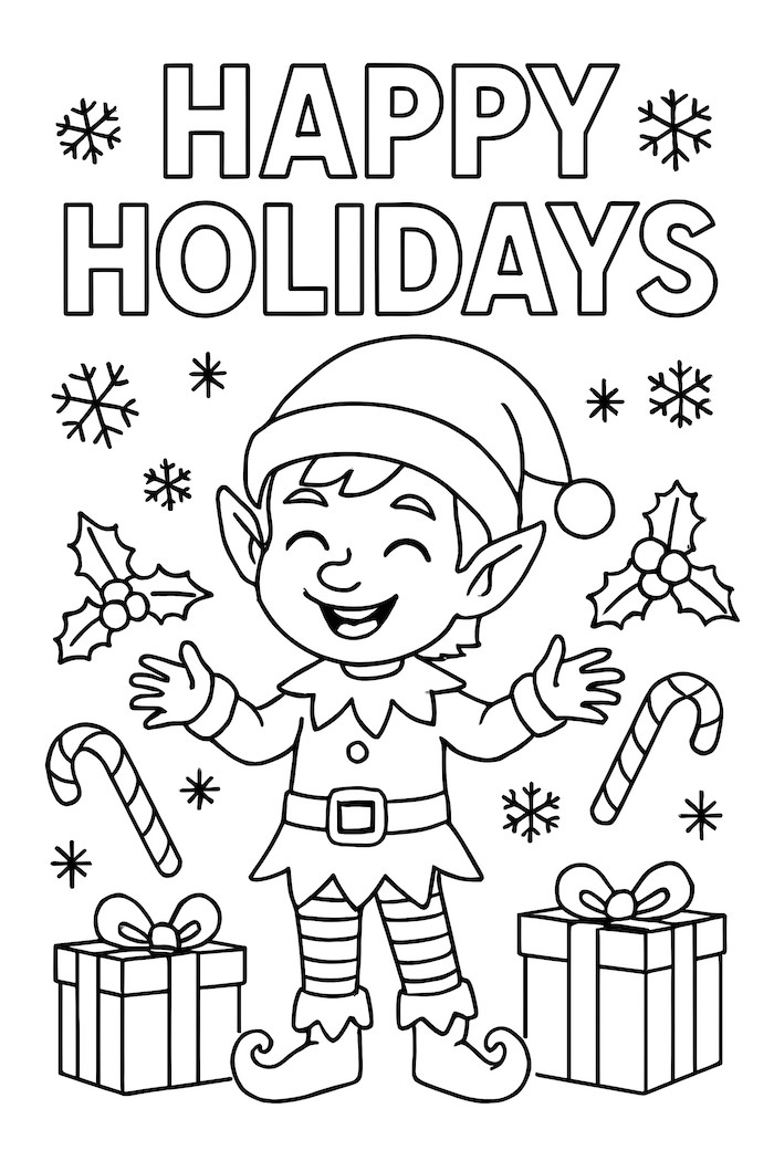 Coloring page of a happy elf with gifts, candy canes, and snowflakes in a festive scene