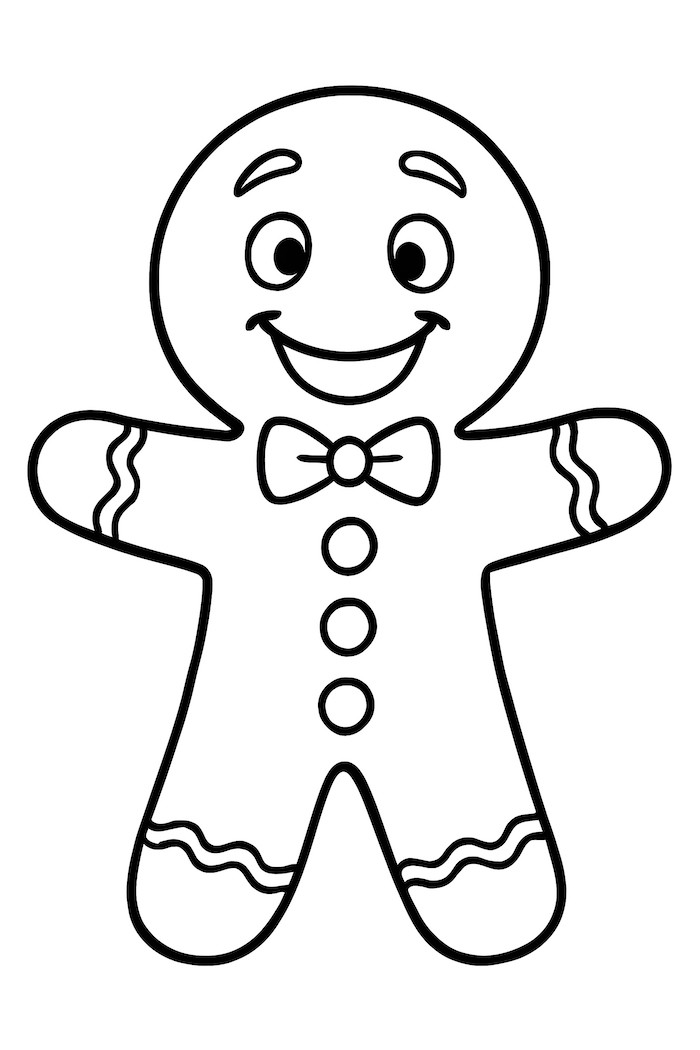 Coloring page of a cheerful gingerbread man with a bow tie and decorative icing details