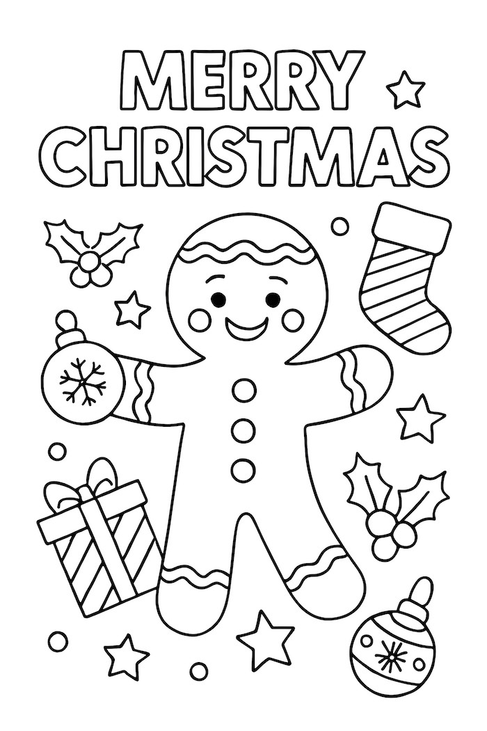 Coloring page of a gingerbread man holding an ornament, surrounded by Christmas stars, a stocking, a gift box, and holly leaves