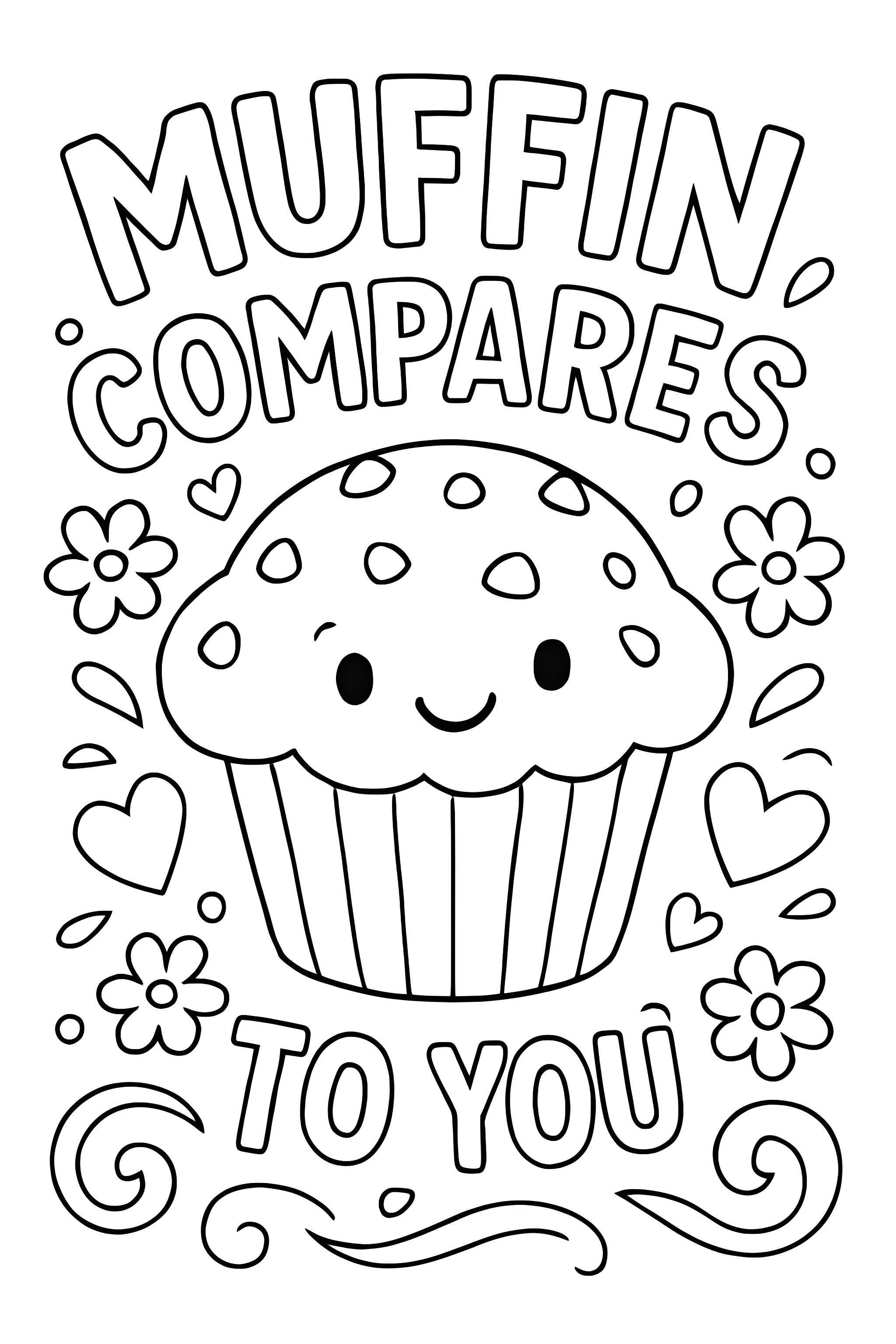 Coloring page featuring a smiling muffin surrounded by flowers and hearts, with the text 'Muffin compares to you'