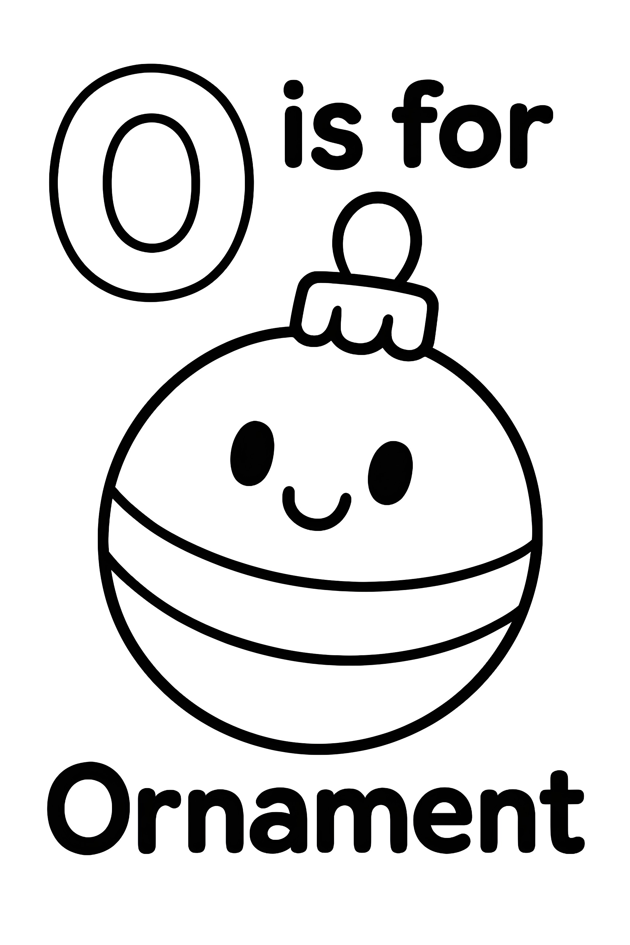 Coloring page featuring a circular ornament with a smiling face, topped with a cap, and the letter O alongside the word Ornament