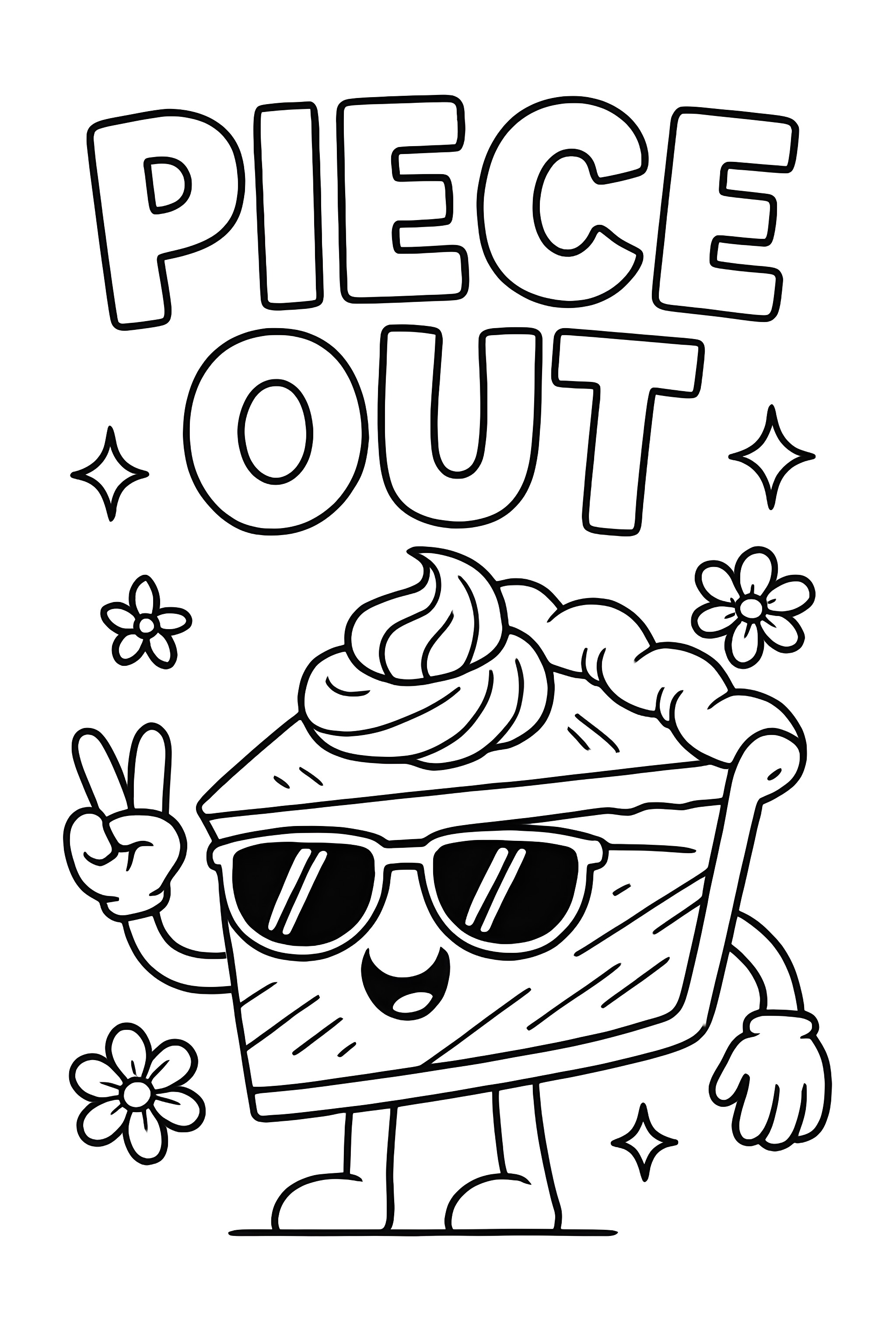 a smiling pie character wearing sunglasses, peace sign hand gesture, and decorative flowers