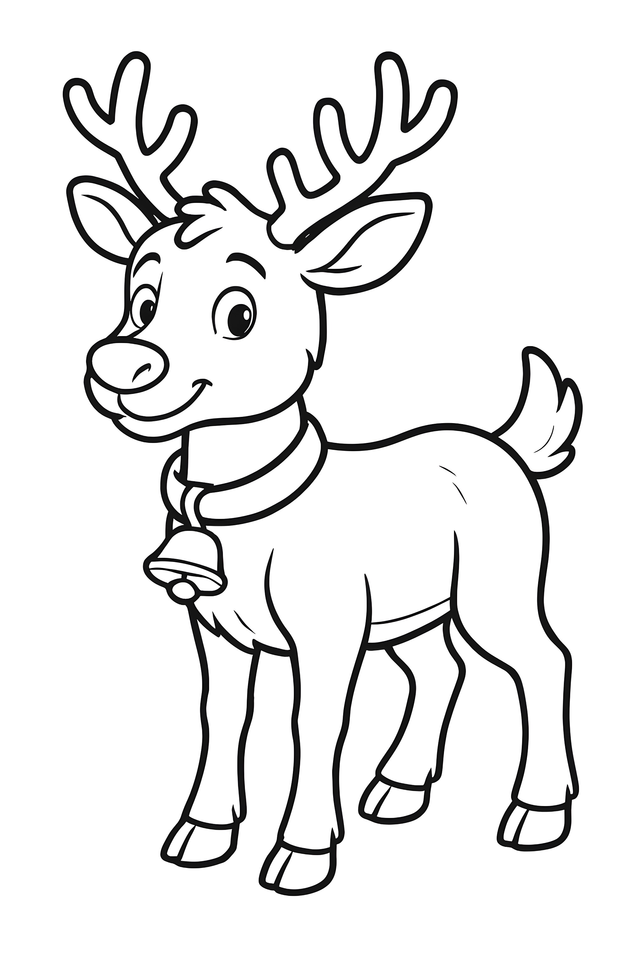 Coloring page of a cheerful reindeer wearing a collar with a small bell and smiling, standing on four hooves