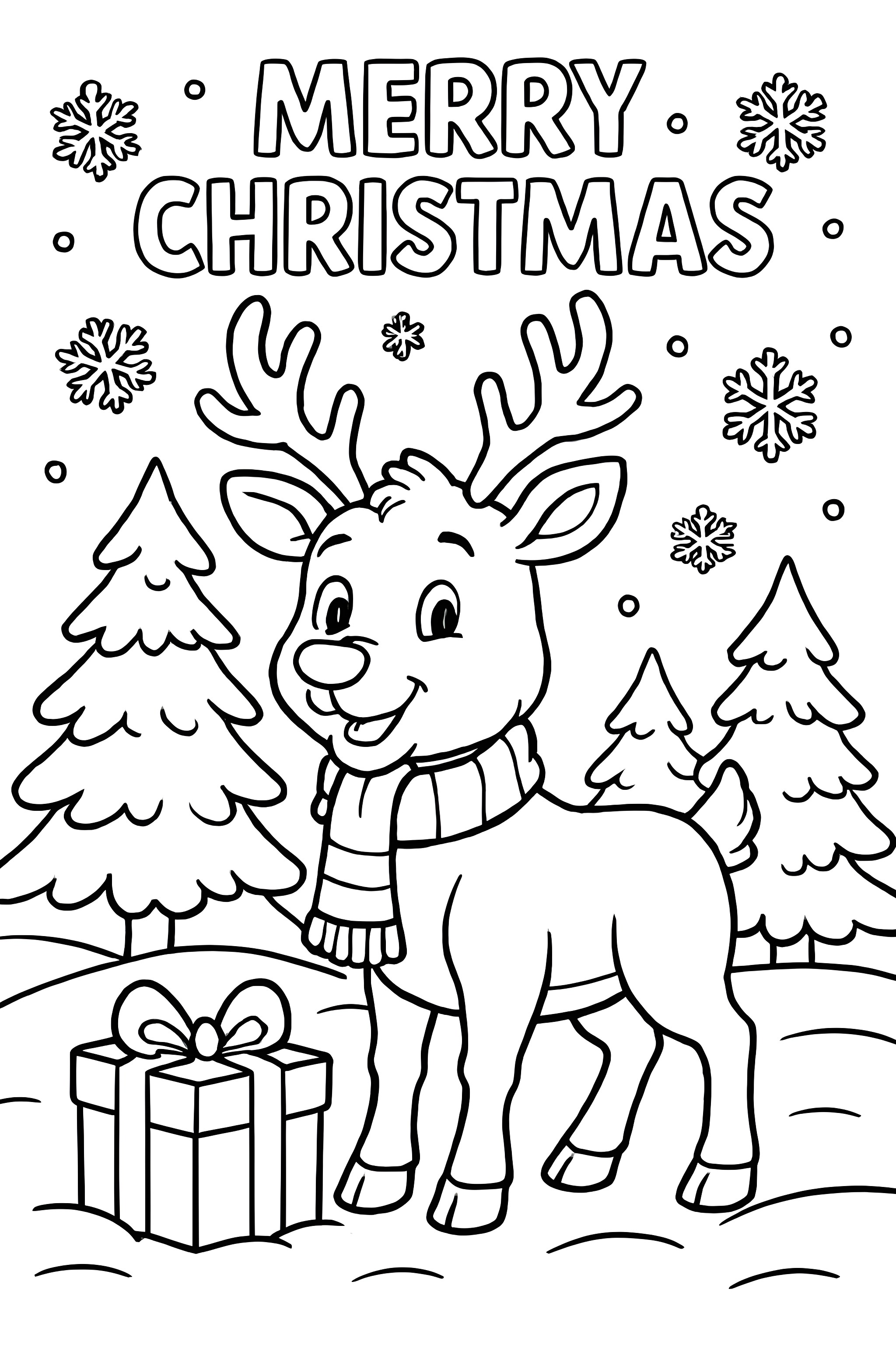 Coloring page featuring a smiling reindeer wearing a scarf, standing beside a gift box, surrounded by Christmas trees and snowflakes