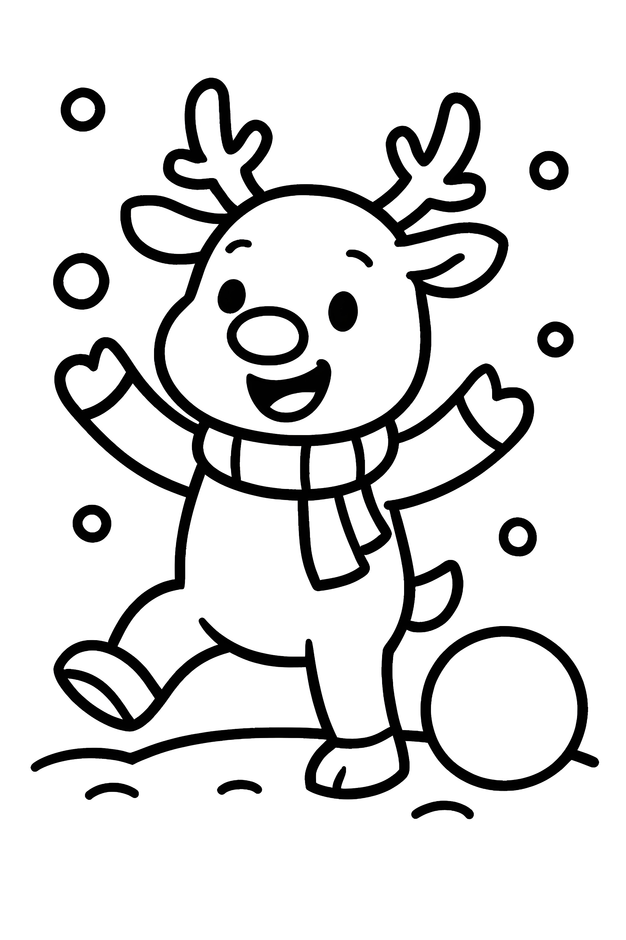 A smiling reindeer wearing a scarf, playing in the snow with snowflakes and a snowball