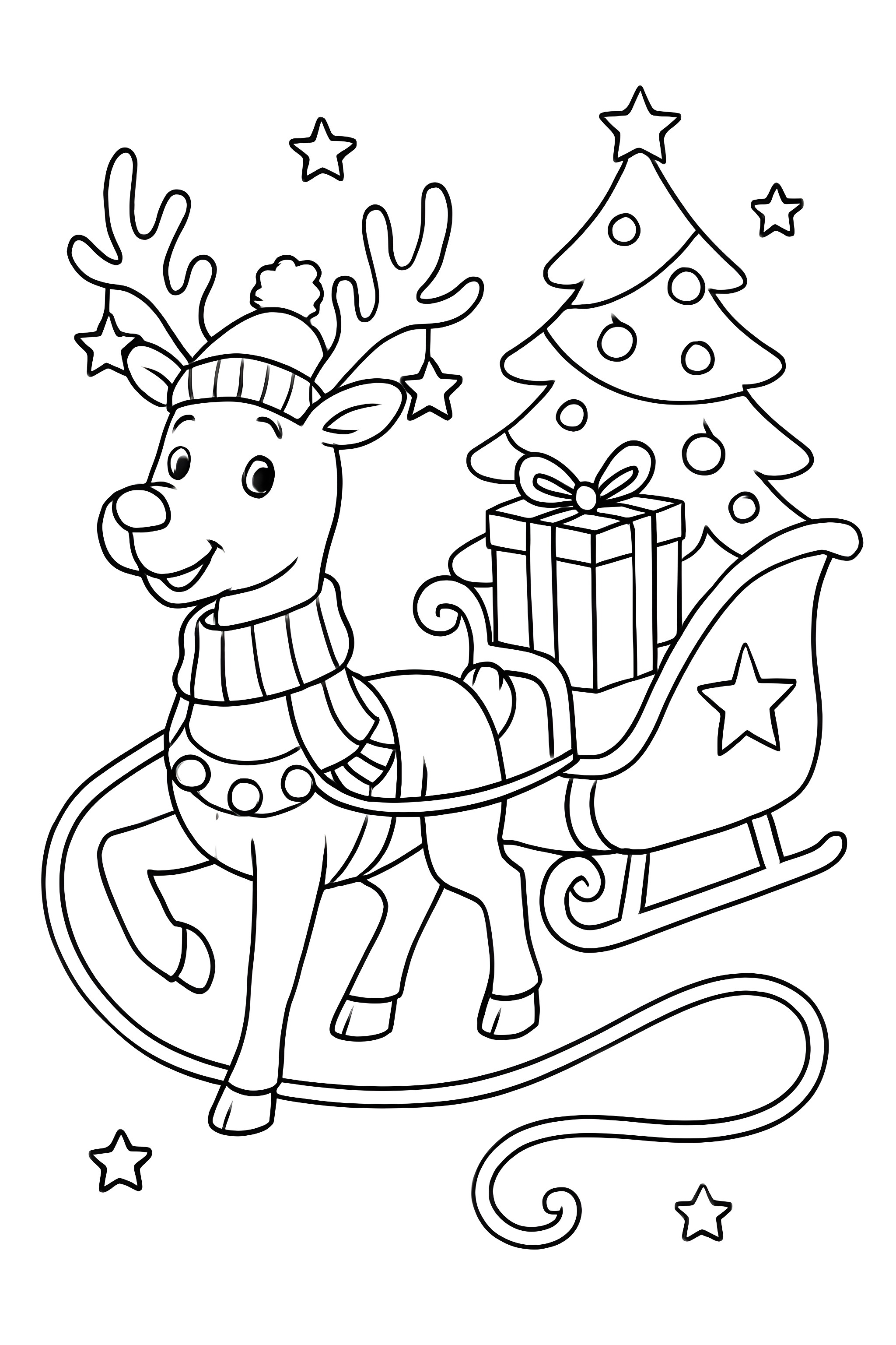 Coloring page featuring a cheerful reindeer in a hat and scarf pulling a sleigh, with a decorated Christmas tree and wrapped gifts in the background
