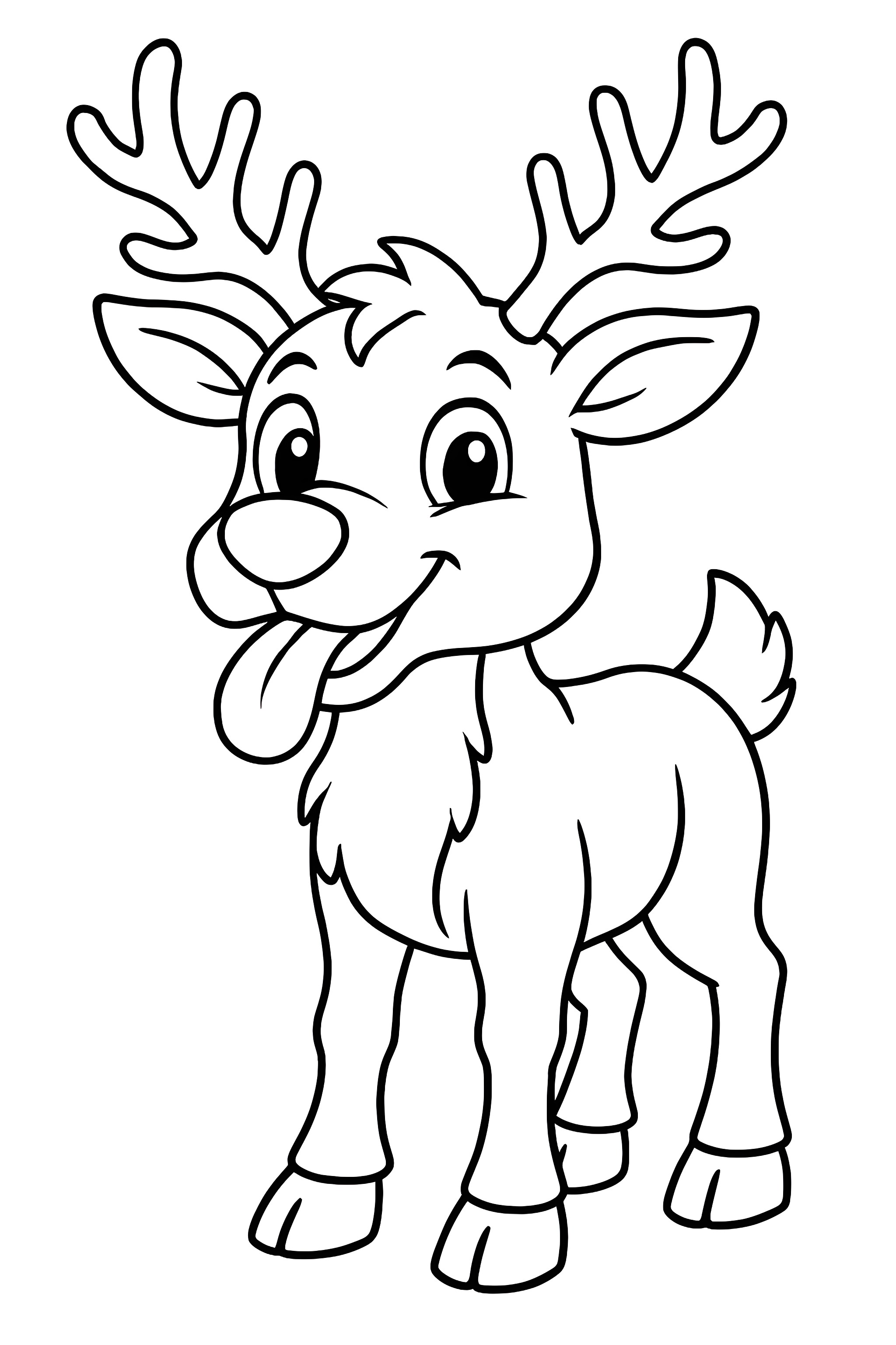 Coloring page of a cheerful reindeer with antlers and tongue out, standing with a playful expression
