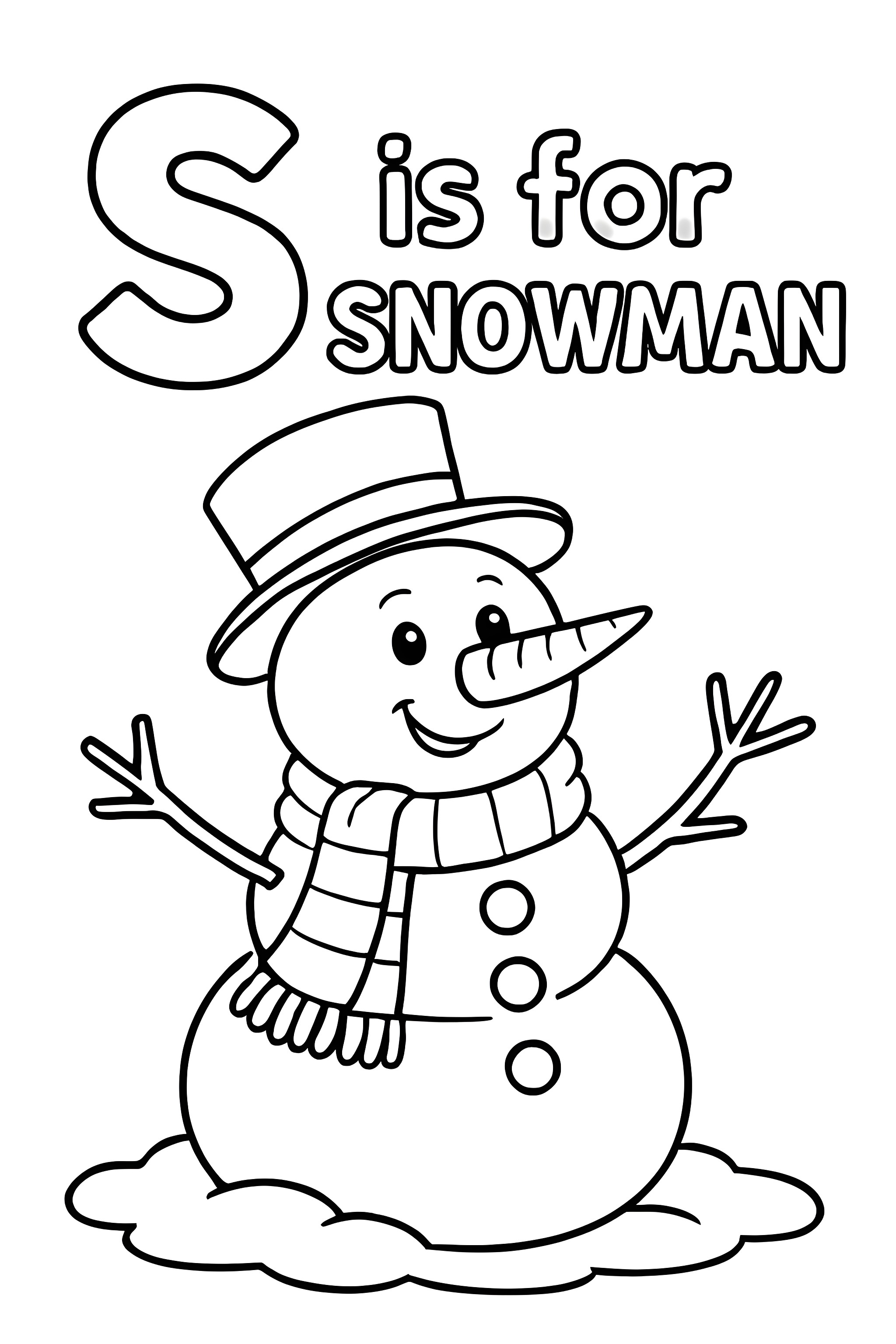 Coloring page featuring a happy snowman with a top hat, carrot nose, scarf, and buttons, surrounded by snowflakes and the letter 'S'